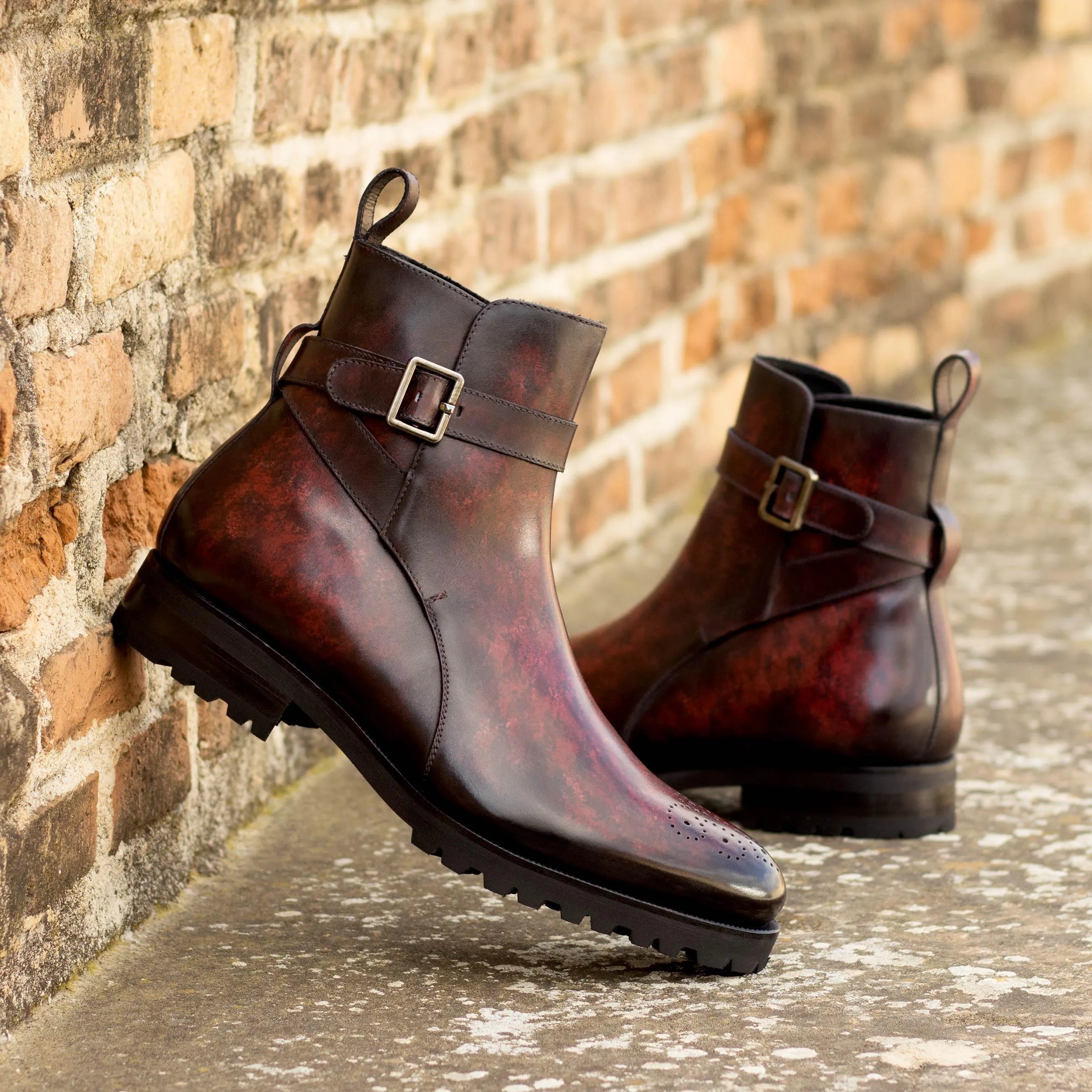 Burgundy leather ankle boots showcasing Mando Jodhpur Patina boots design elegance