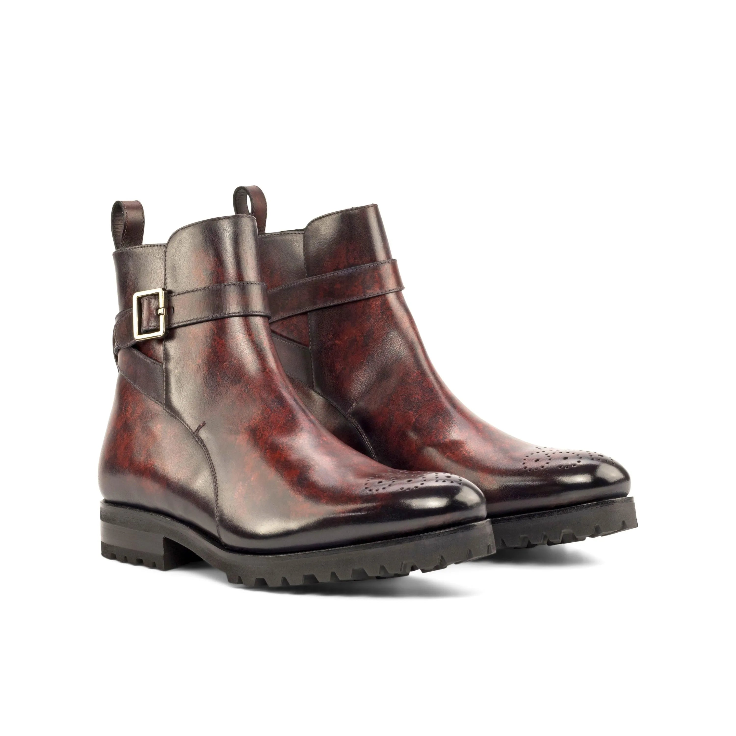 Burgundy leather Mando Jodhpur Patina Boots with buckle for a stylish look