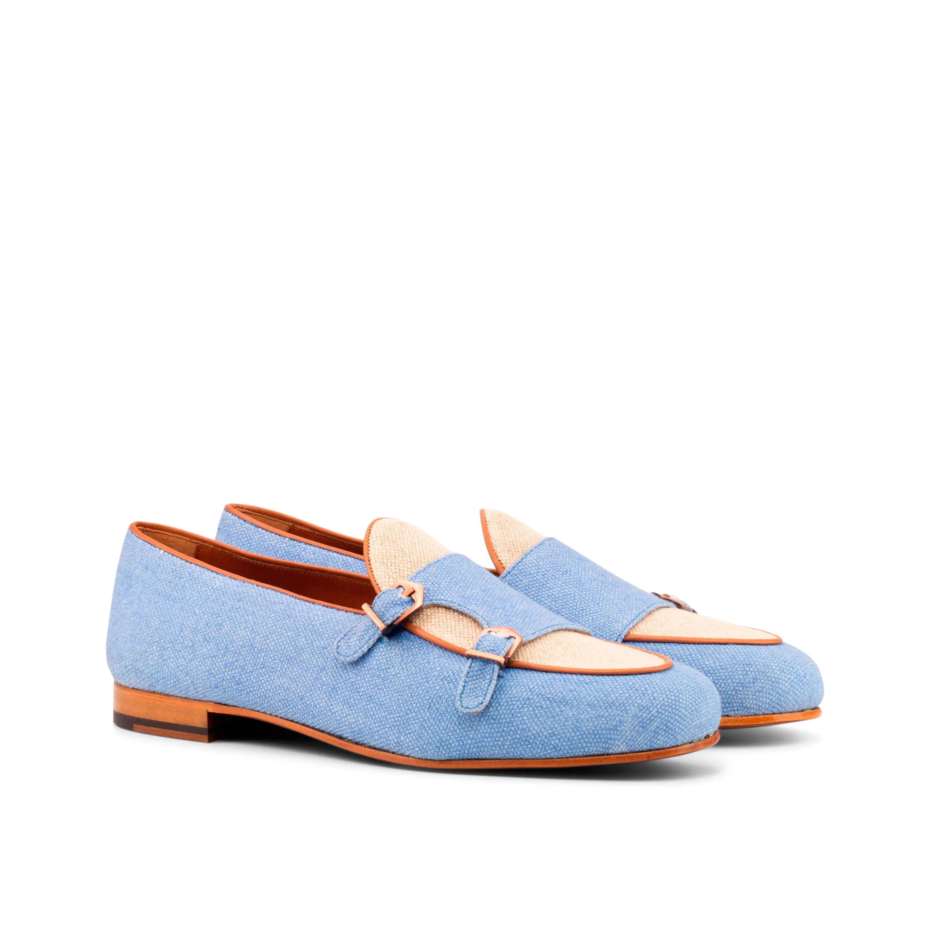 Light blue double monk strap loafers from Marcodan Belgian Monk Slipper II collection