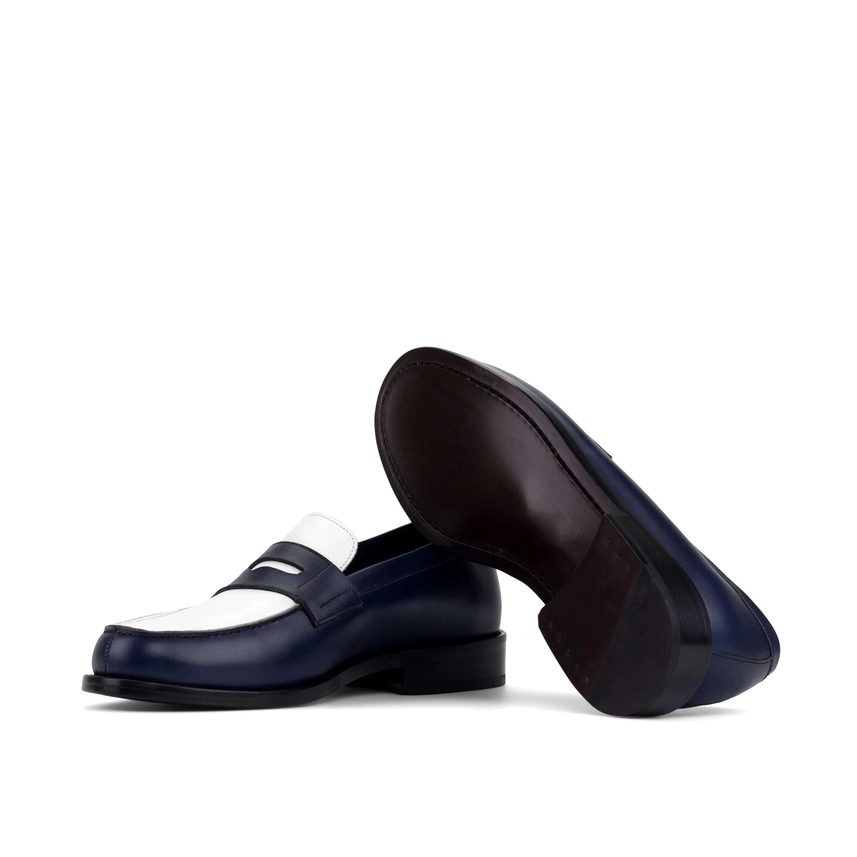 Marew penny loafers in navy calf leather with polished white accents