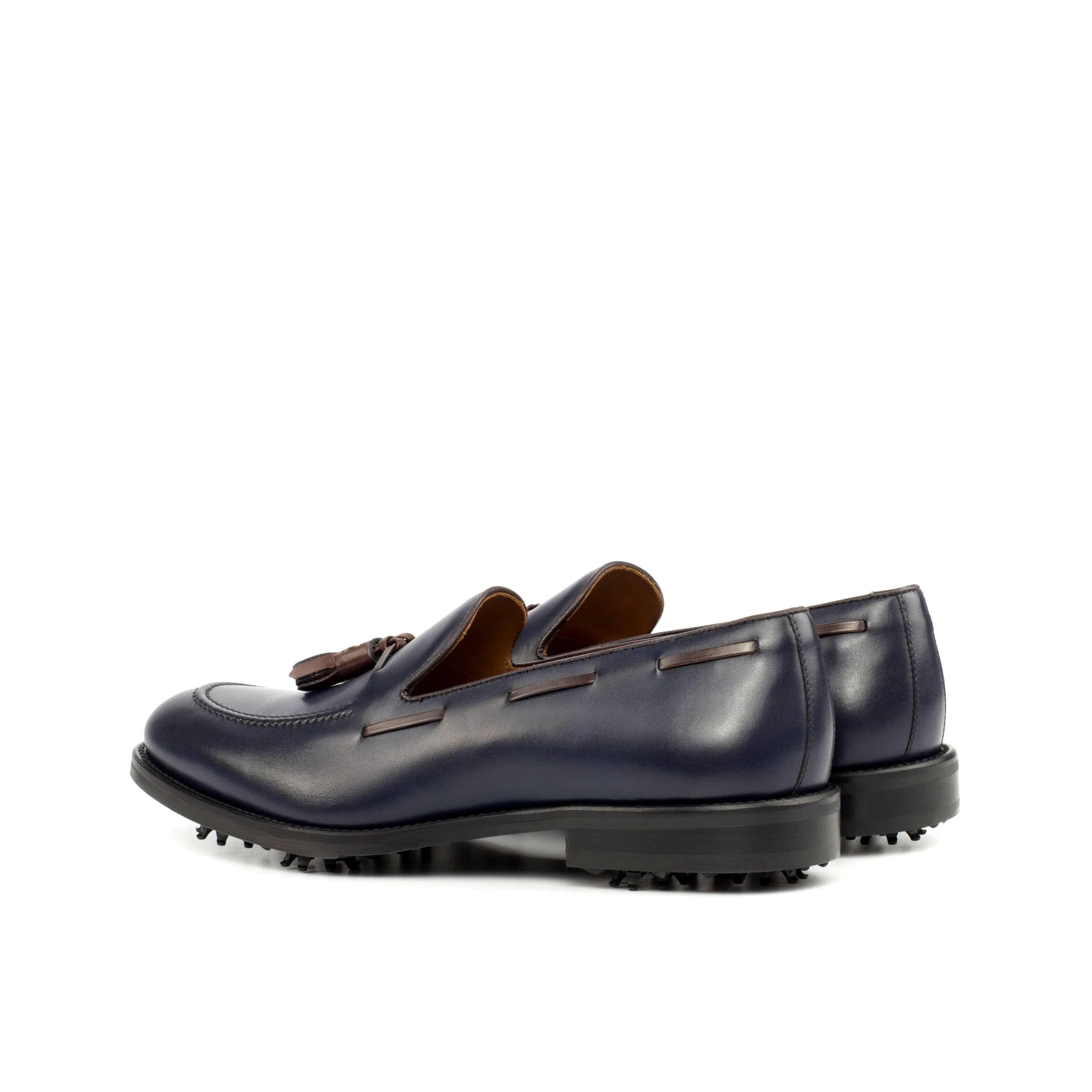 Blue leather tassel loafers designed as Marine Loafer Golf Shoes for stylish performance