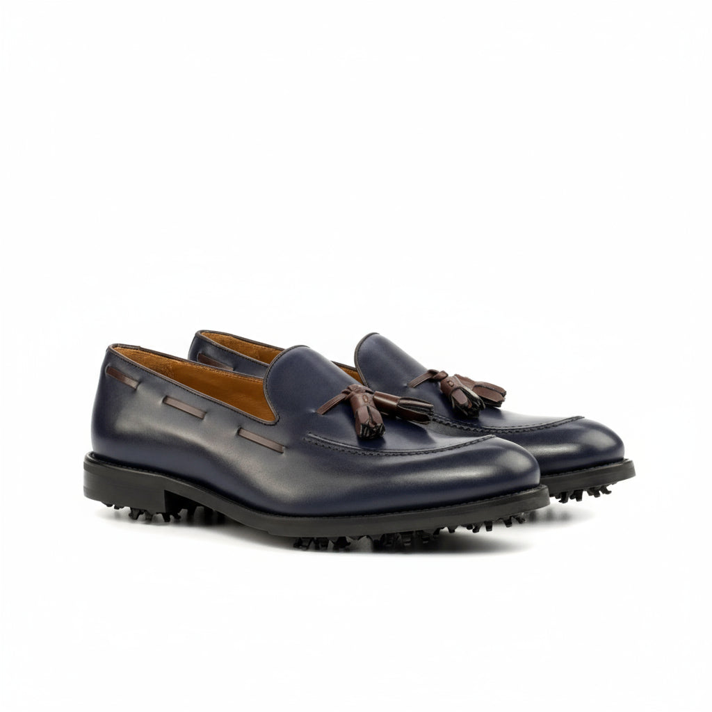 Pair of blue leather tassel Marine loafer golf shoes for stylish performance on the course