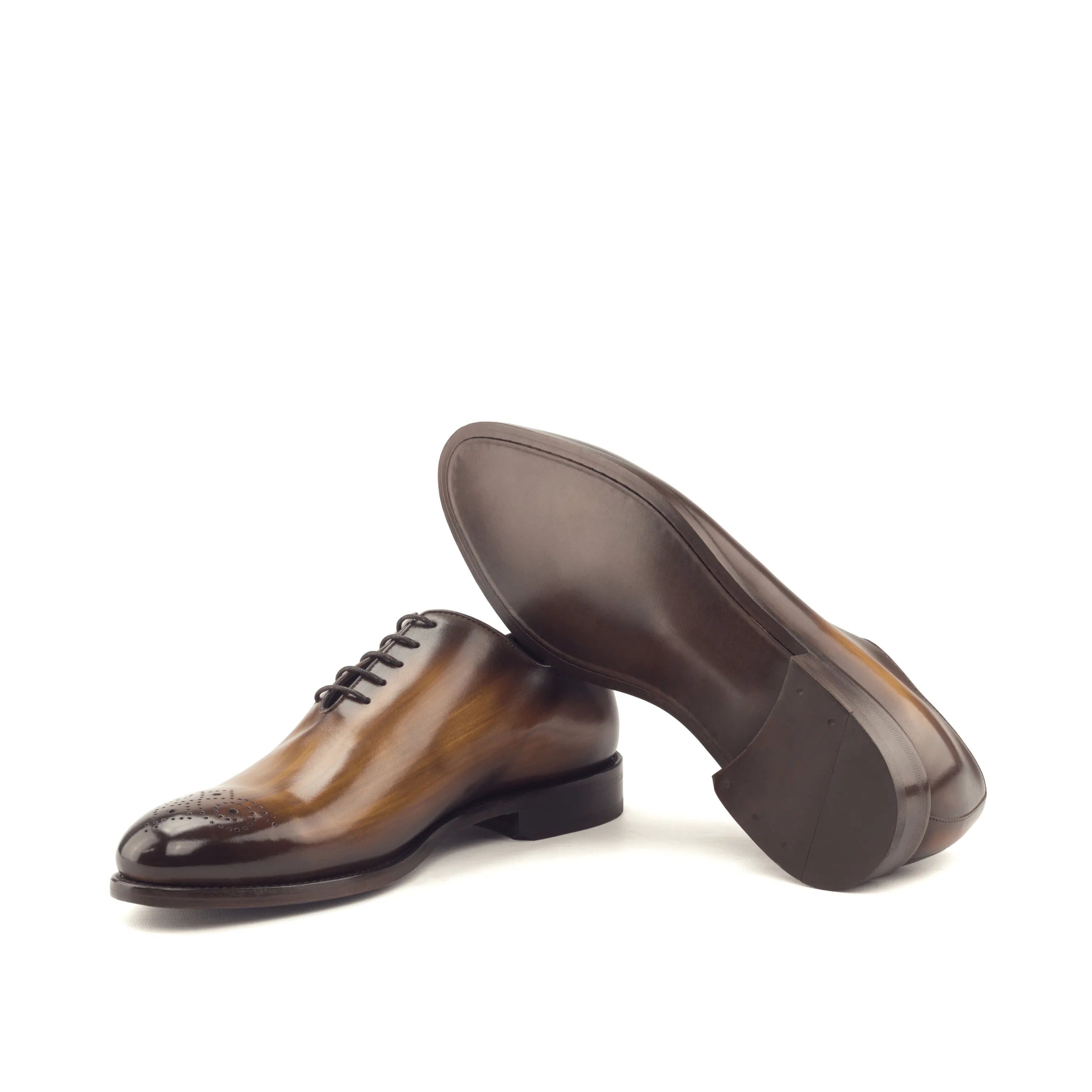 Brown leather dress shoes from Mario Whole Cut Patina, luxury bespoke shoes for men