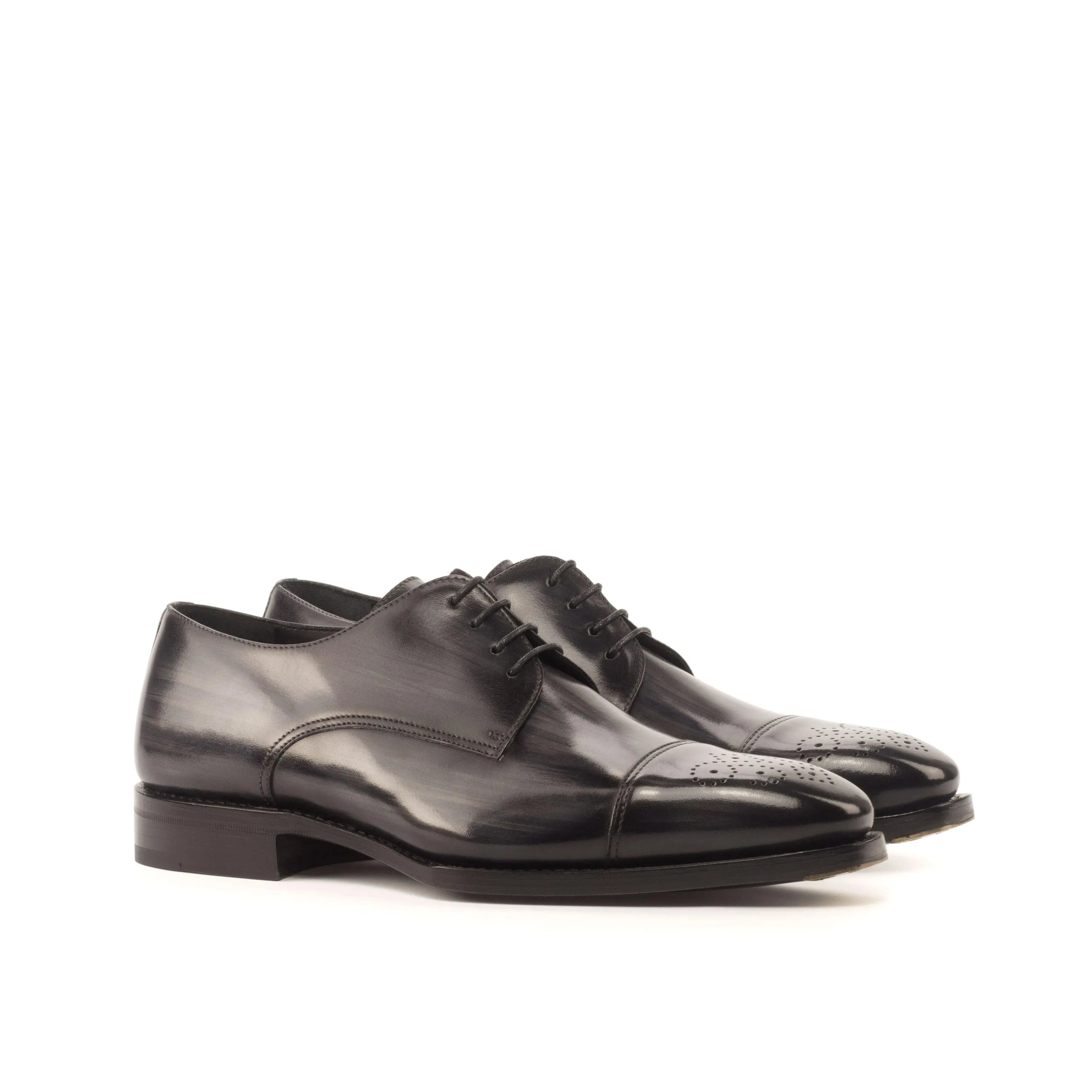 Black leather dress shoes, Marion Patina Derby with derby split toe design