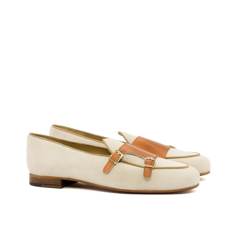 Cream and tan leather Markos Belgian Monk Slipper II featuring a stylish double monk strap