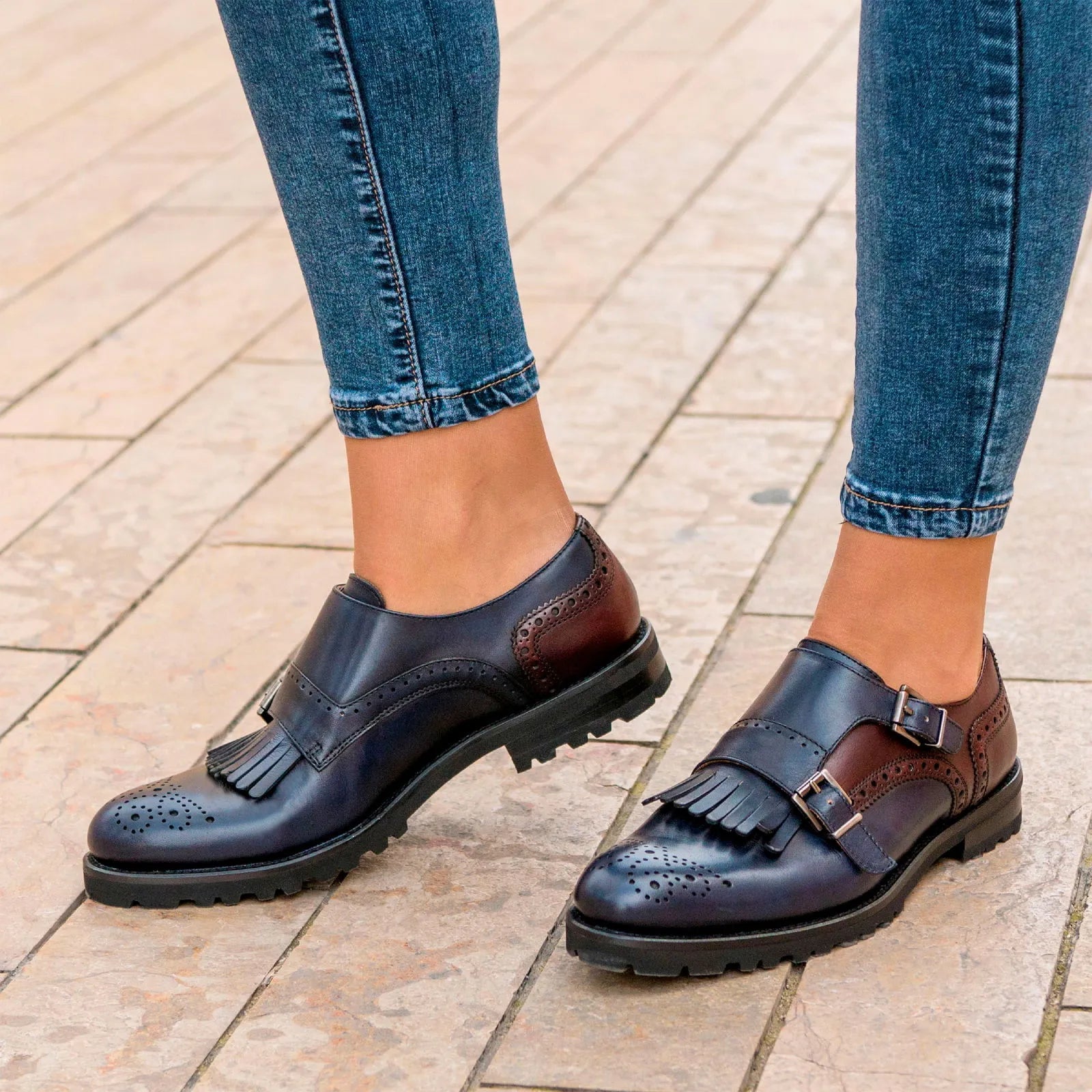 Two-tone leather monk strap shoes from Maryet Kiltie ladies collection in painted calf