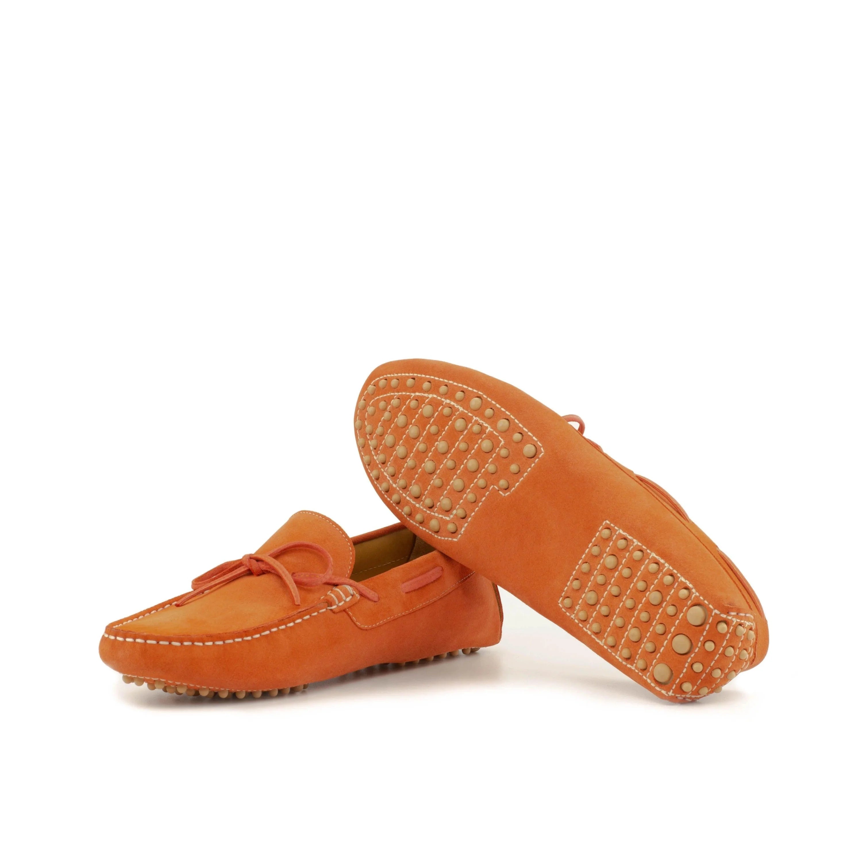 Maryland Driver II orange leather loafers with studded soles and bow detail