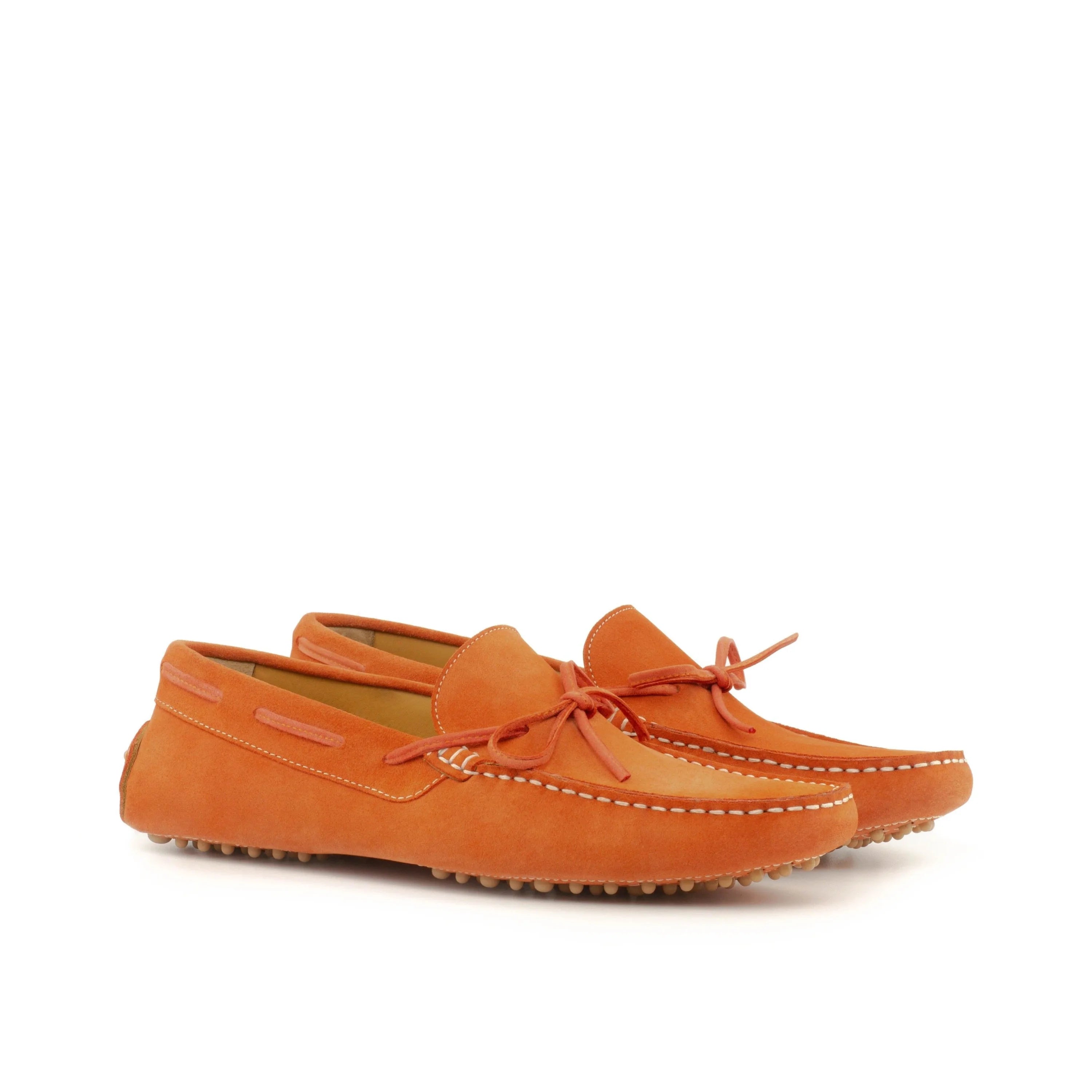 Maryland Driver II orange leather moccasins with white stitching