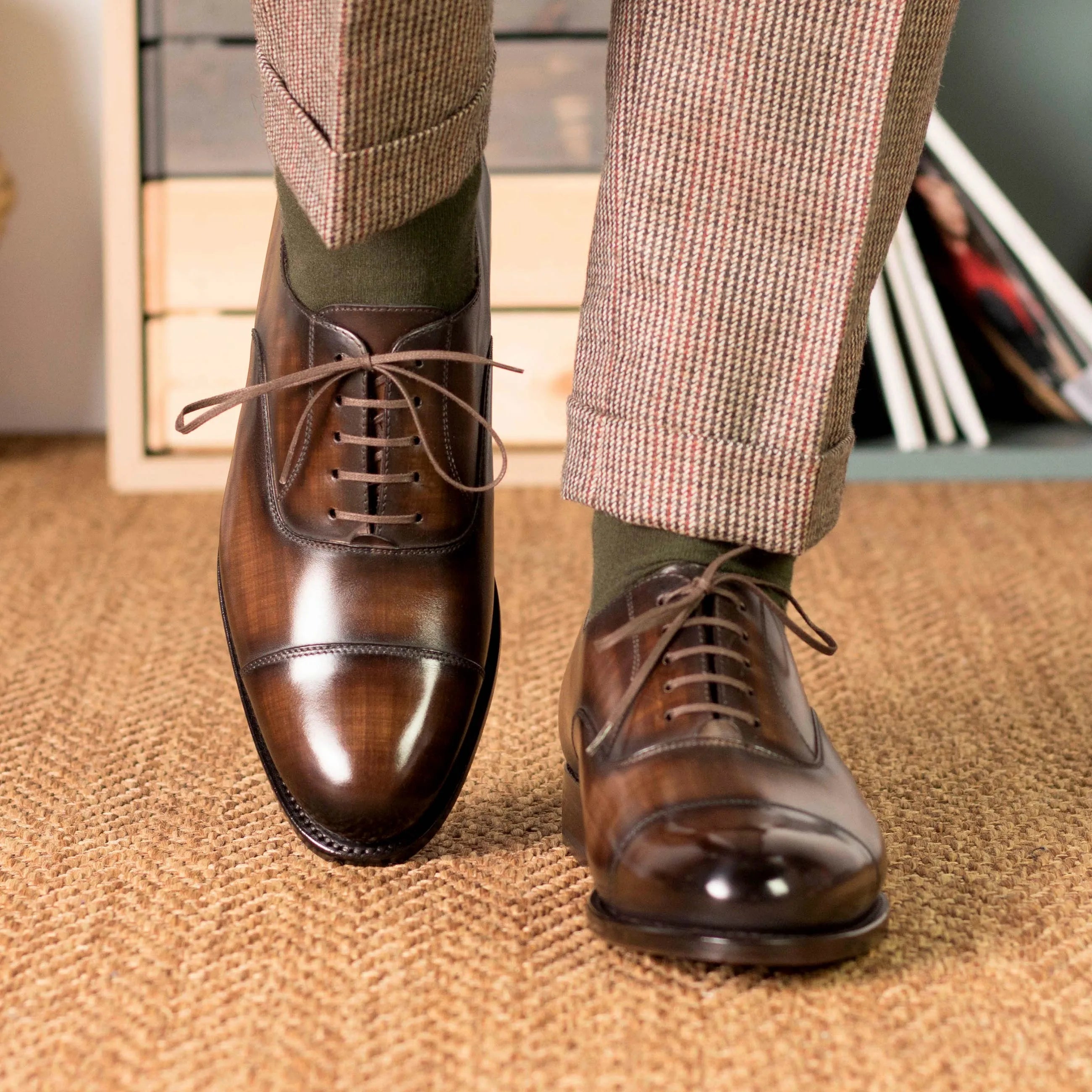 Brown leather Mavrick Patina Oxford shoes showcasing elegant craftsmanship and style