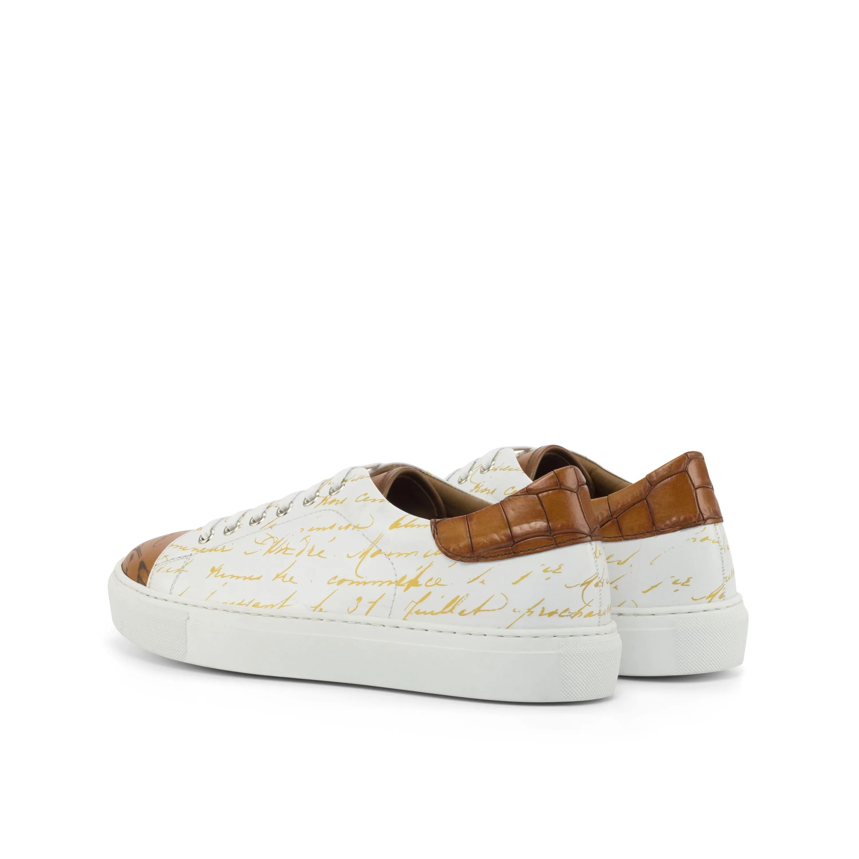 White Messenger Trainer Sneaker featuring brown crocodile-patterned accents