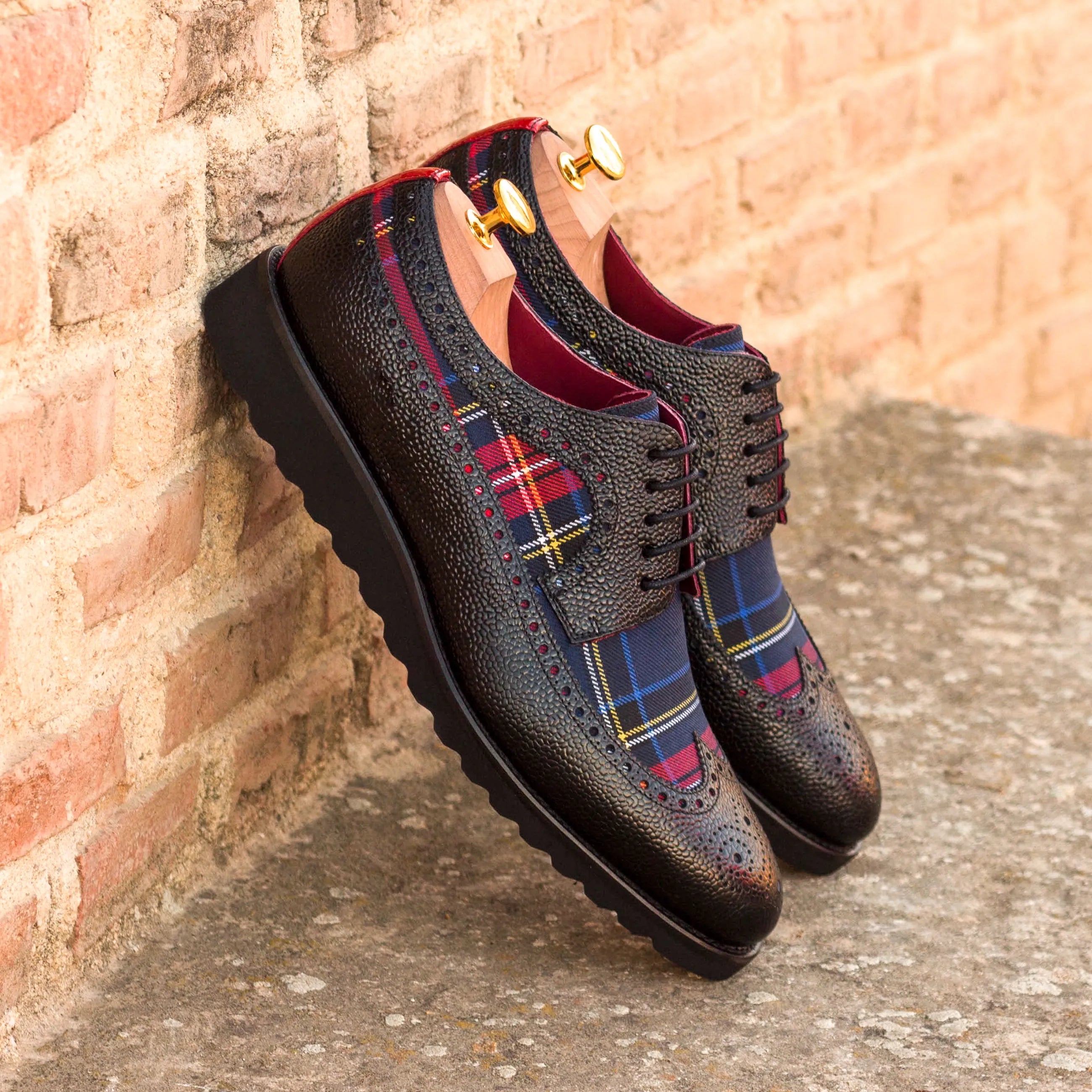 Black leather and plaid Miltiades Longwing Blucher dress shoes for stylish occasions