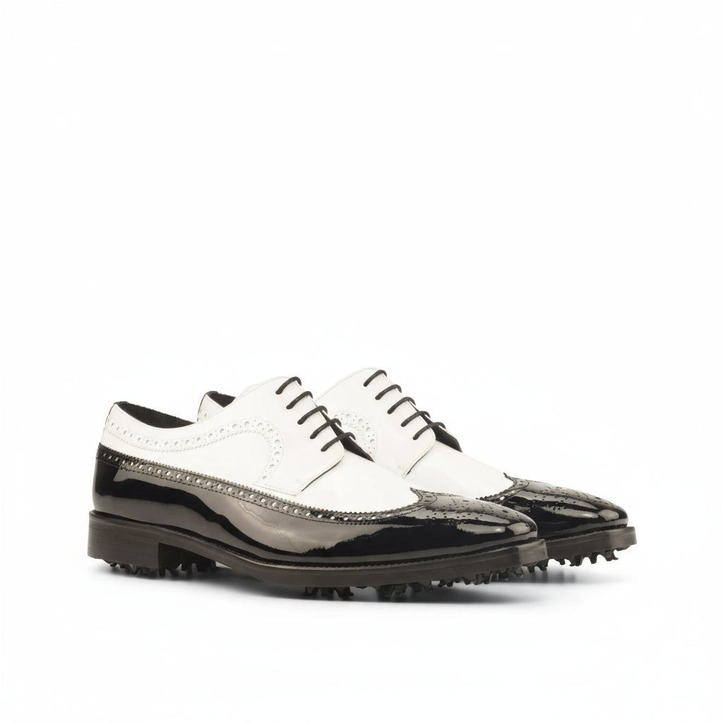 Black and white Mina Long Blucher golf shoes, stylish saddle golf shoes for enthusiasts