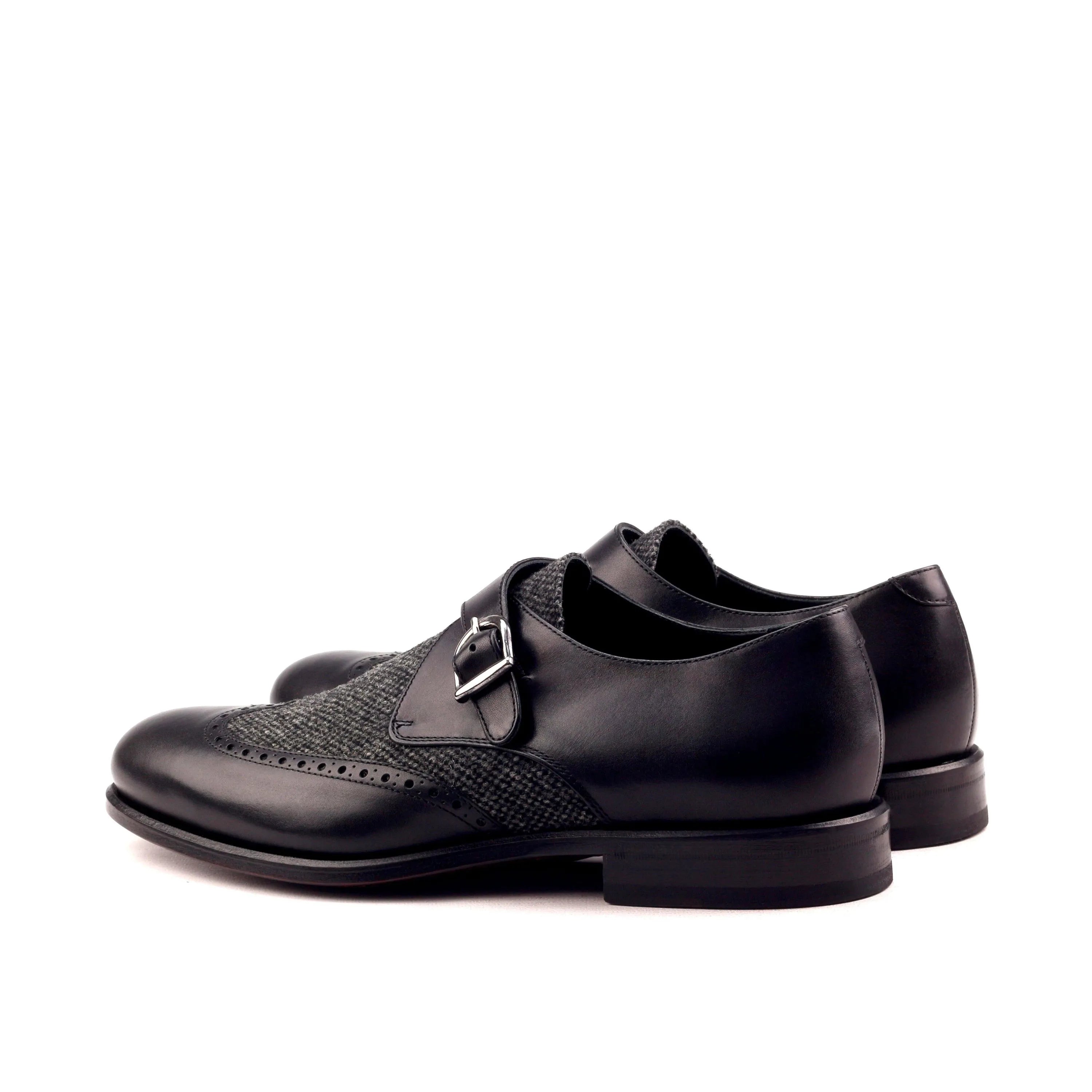 Black leather and tweed Mina Sartorial single monk strap shoes for sophisticated style