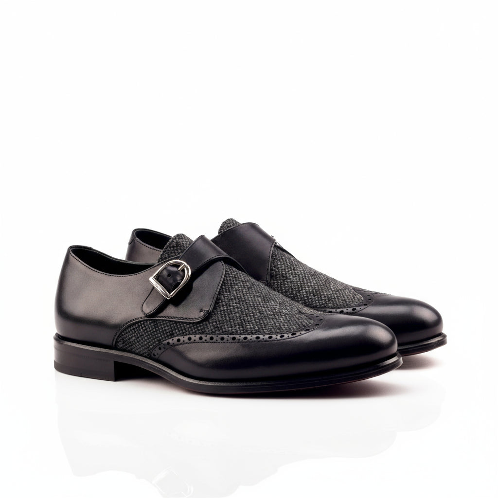 Pair of black leather and tweed Mina Sartorial single monk strap shoes