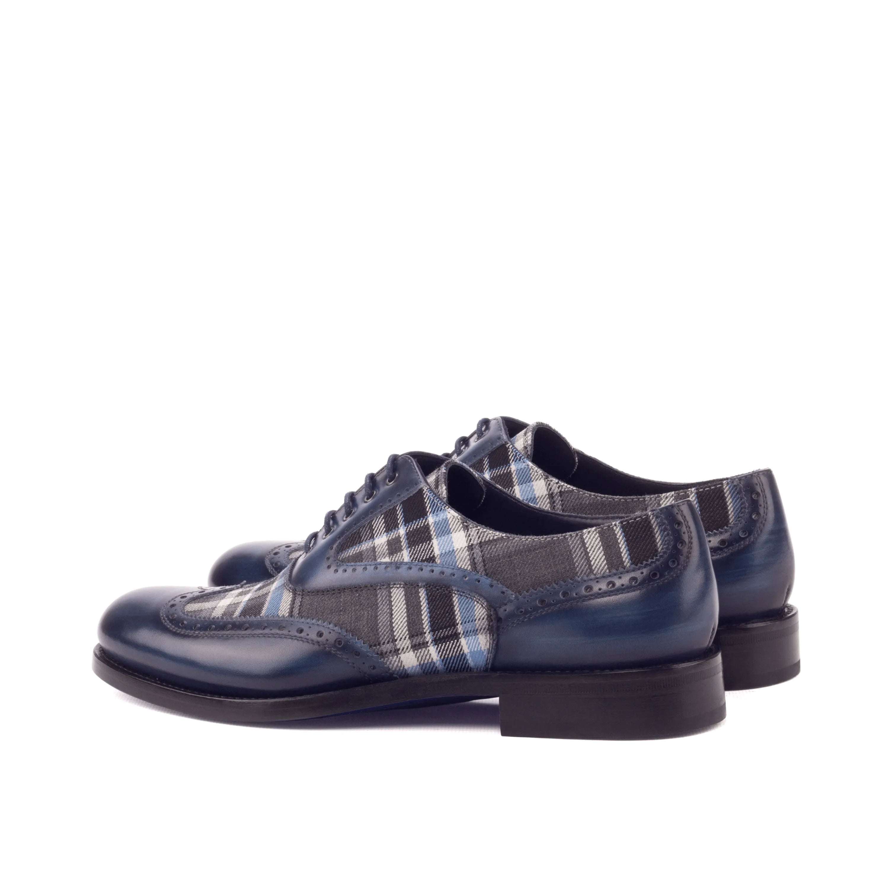 Blue and plaid dress shoes from Mira Ladies, featuring elegant full brogue style