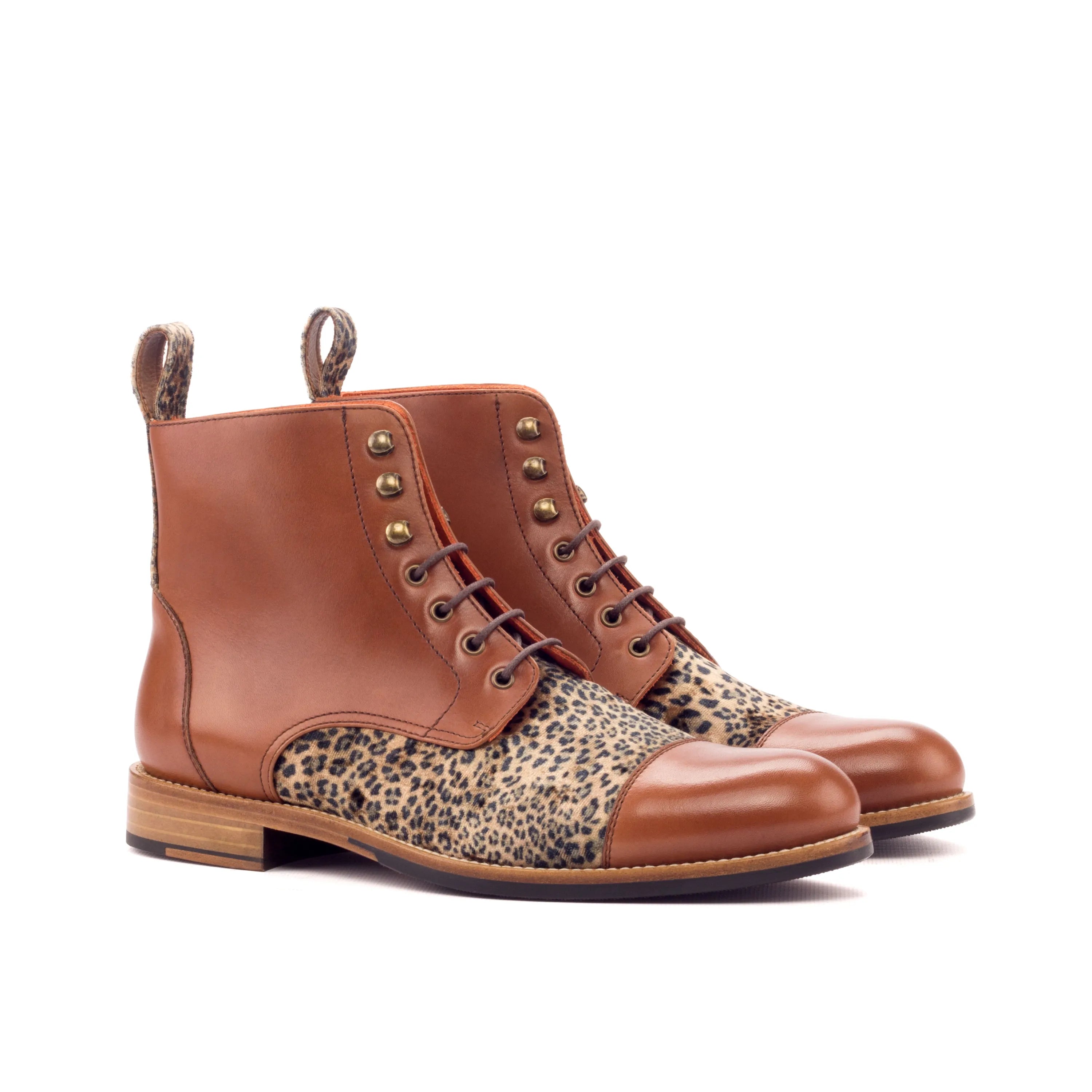 Brown leather and leopard print Mo Ladies Captoe boots, stylish captoe footwear for women