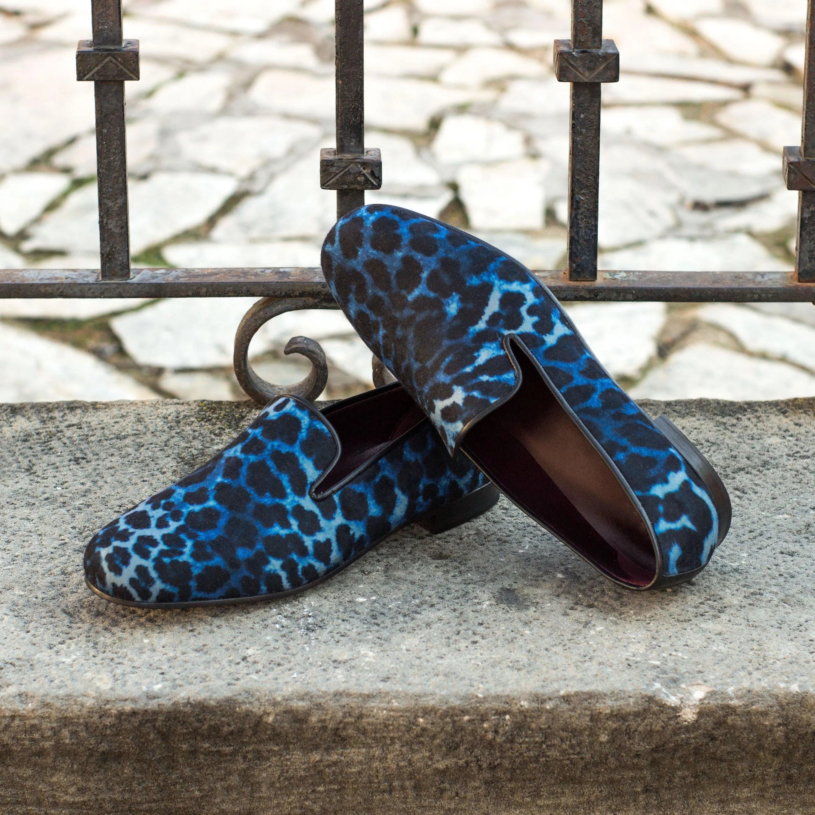 Blue leopard print loafers from Monaz Wellington slip collection for stylish comfort