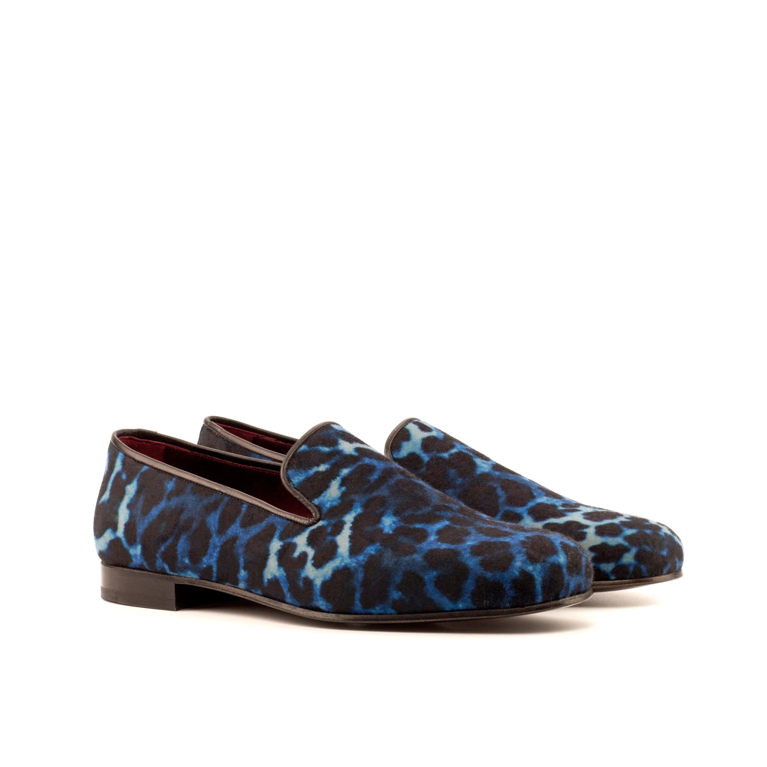 Blue leopard print loafers from Monaz Wellington slip for stylish casual wear