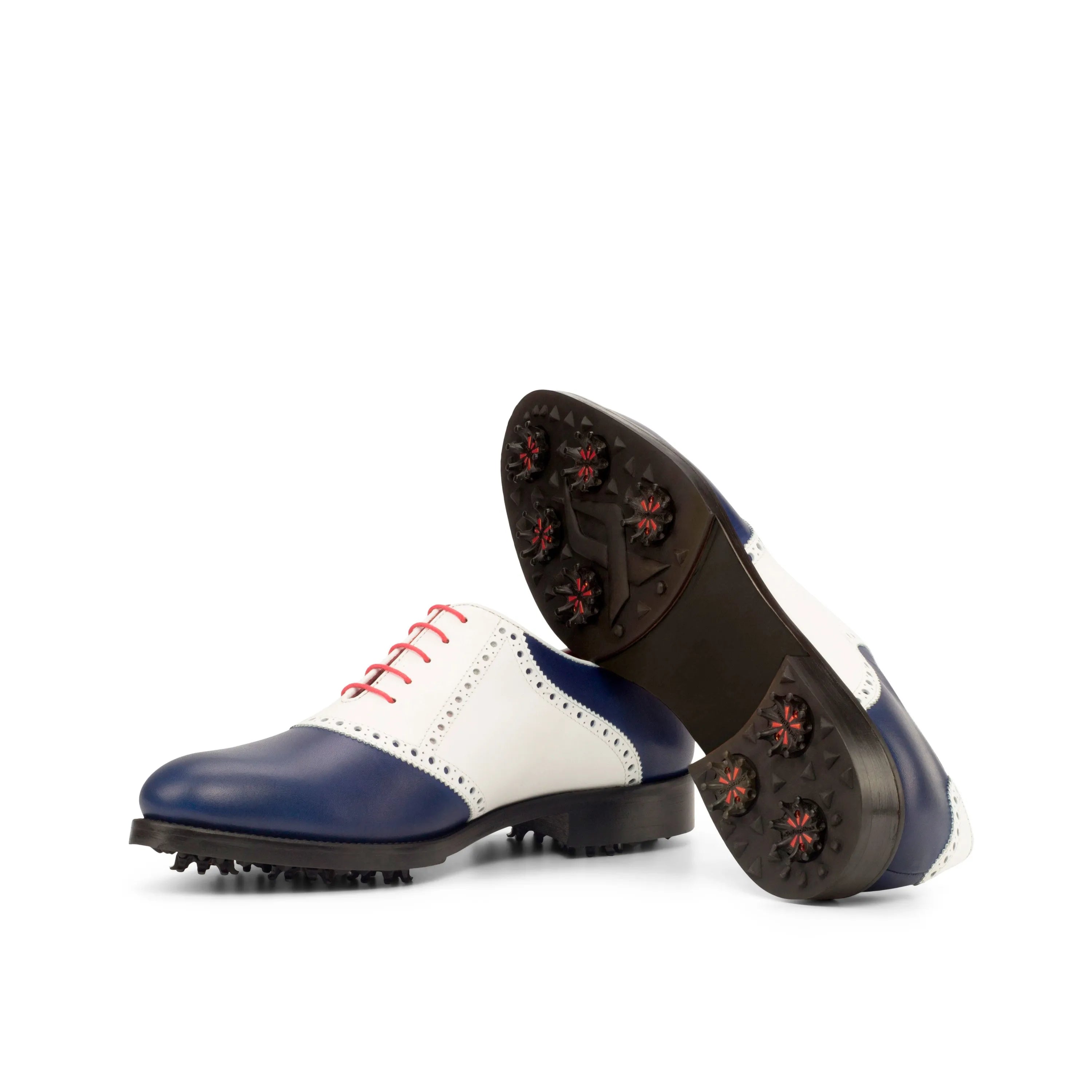 Two-tone Murciano saddle golf shoes featuring striking red laces and painted calf leather