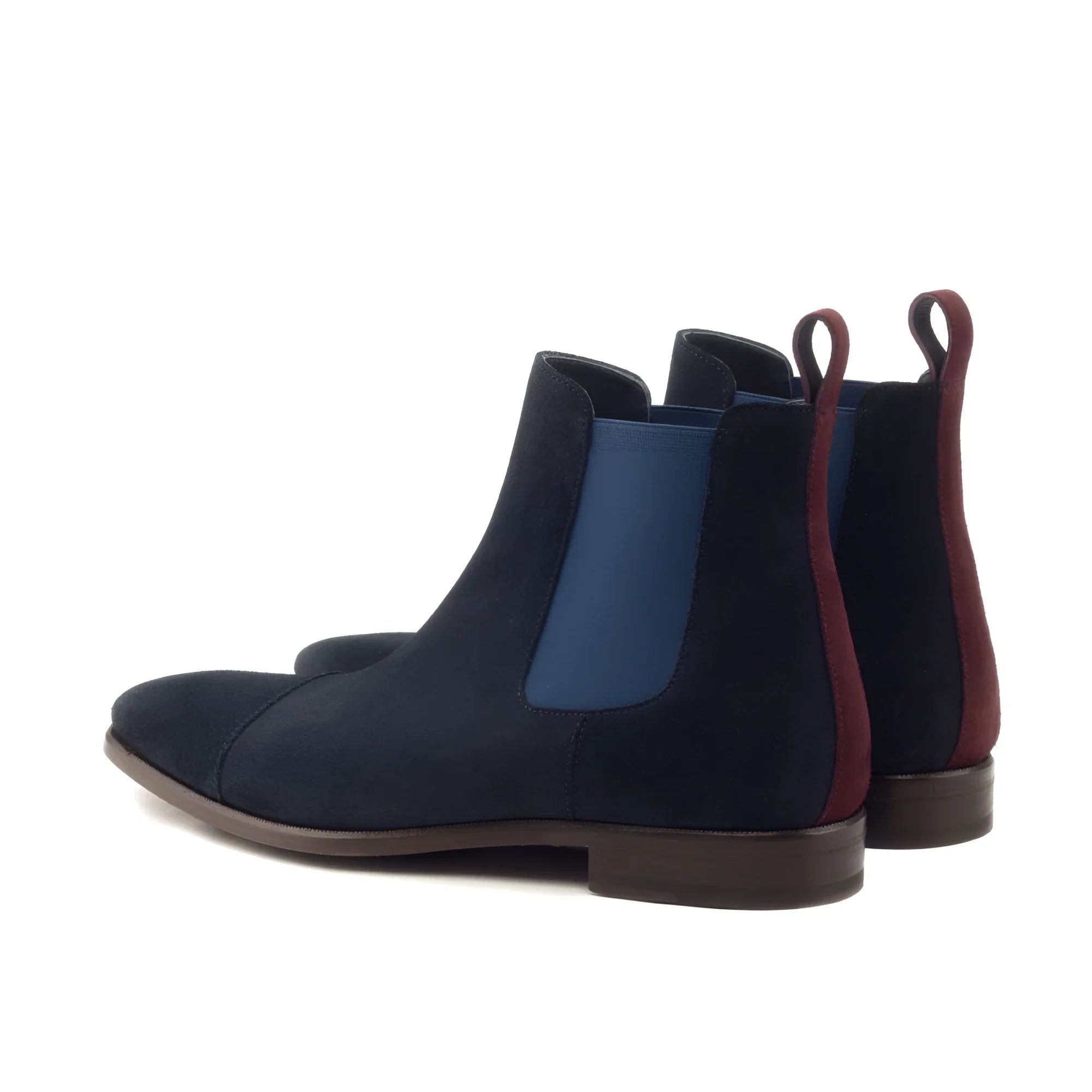 Navy suede Musko Chelsea boots with royal blue panels and burgundy tabs