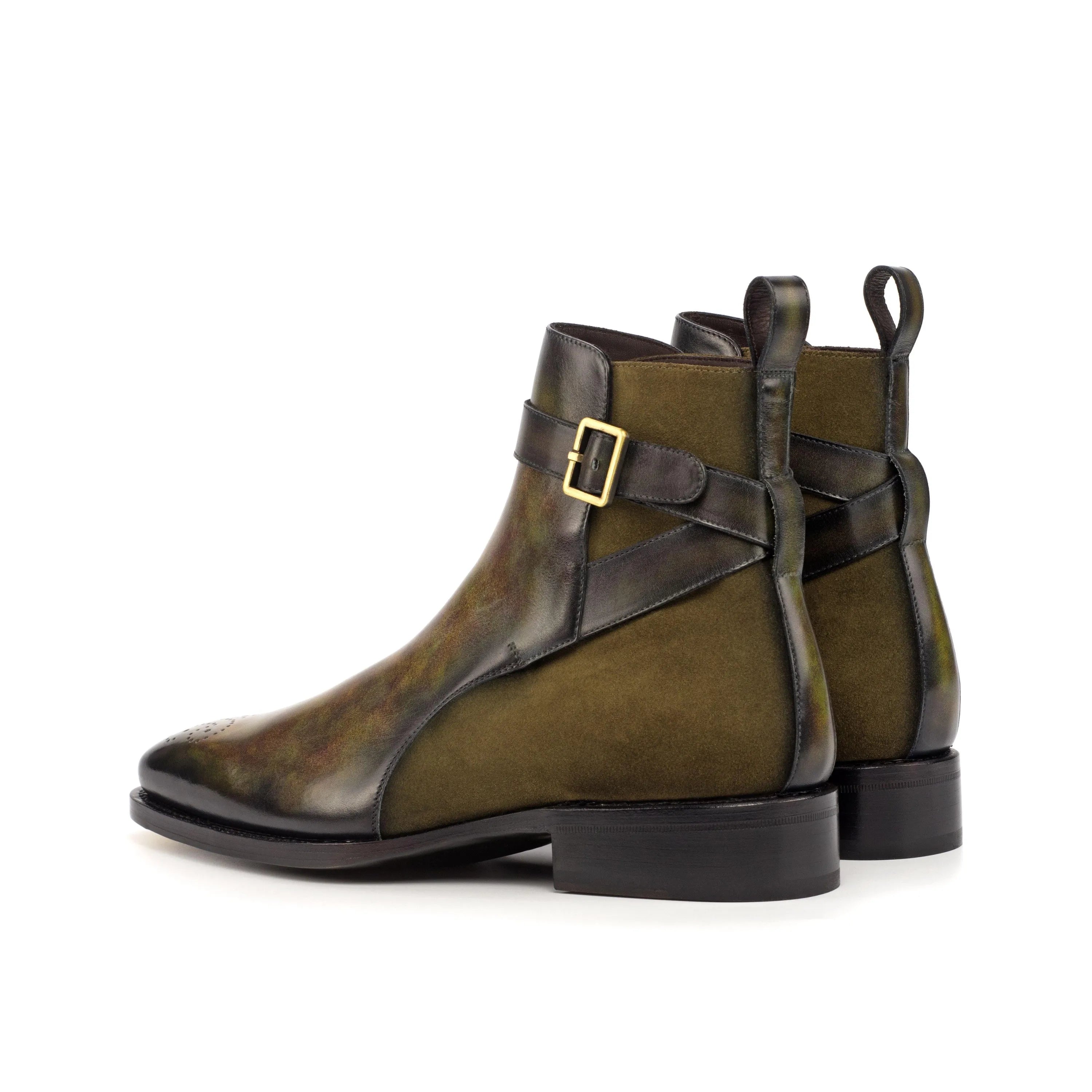 Olive green leather Naid Jodhpur Patina Boots with buckle for stylish footwear
