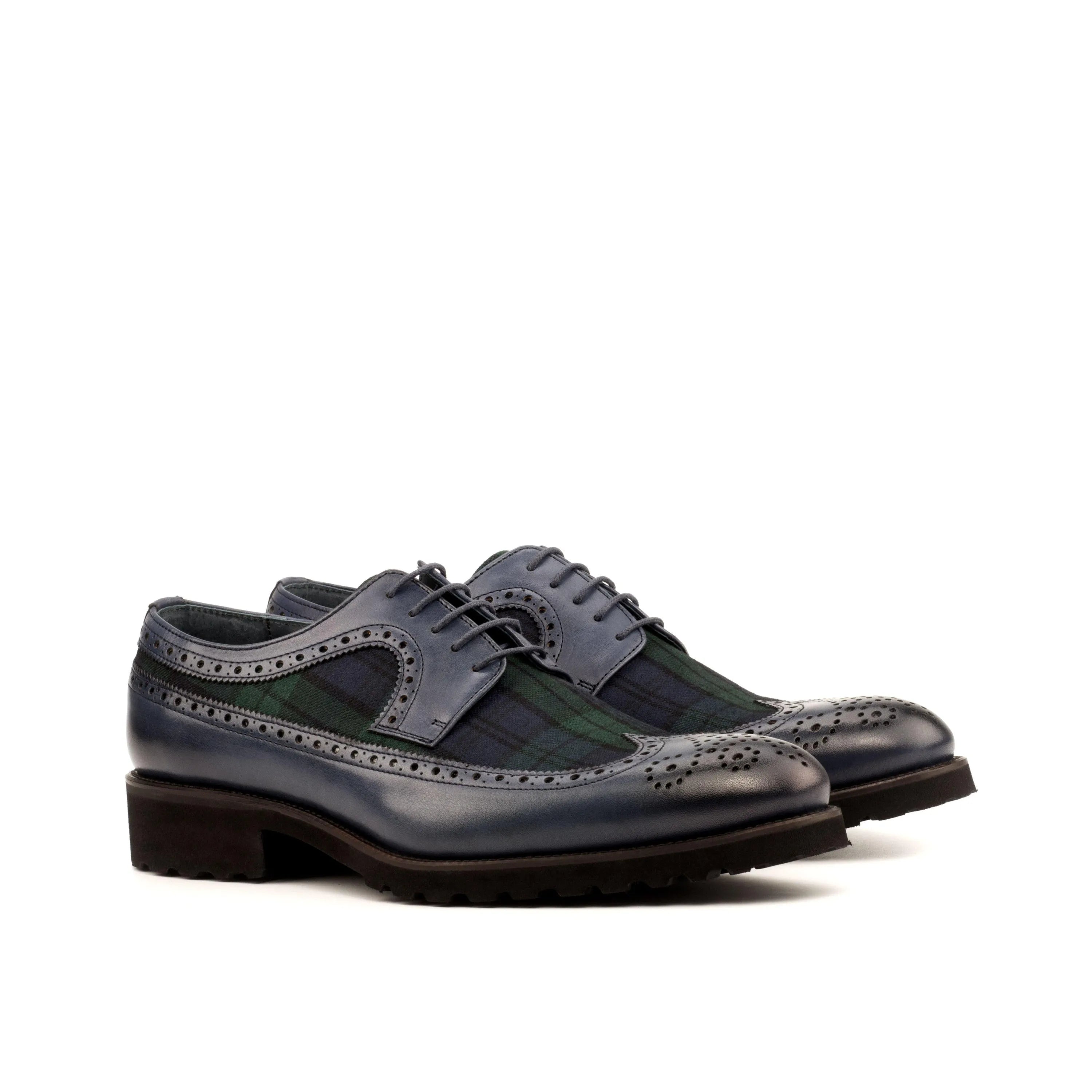 Blue leather and plaid Nakoda Longwing Blucher wingtip blucher shoes for stylish men