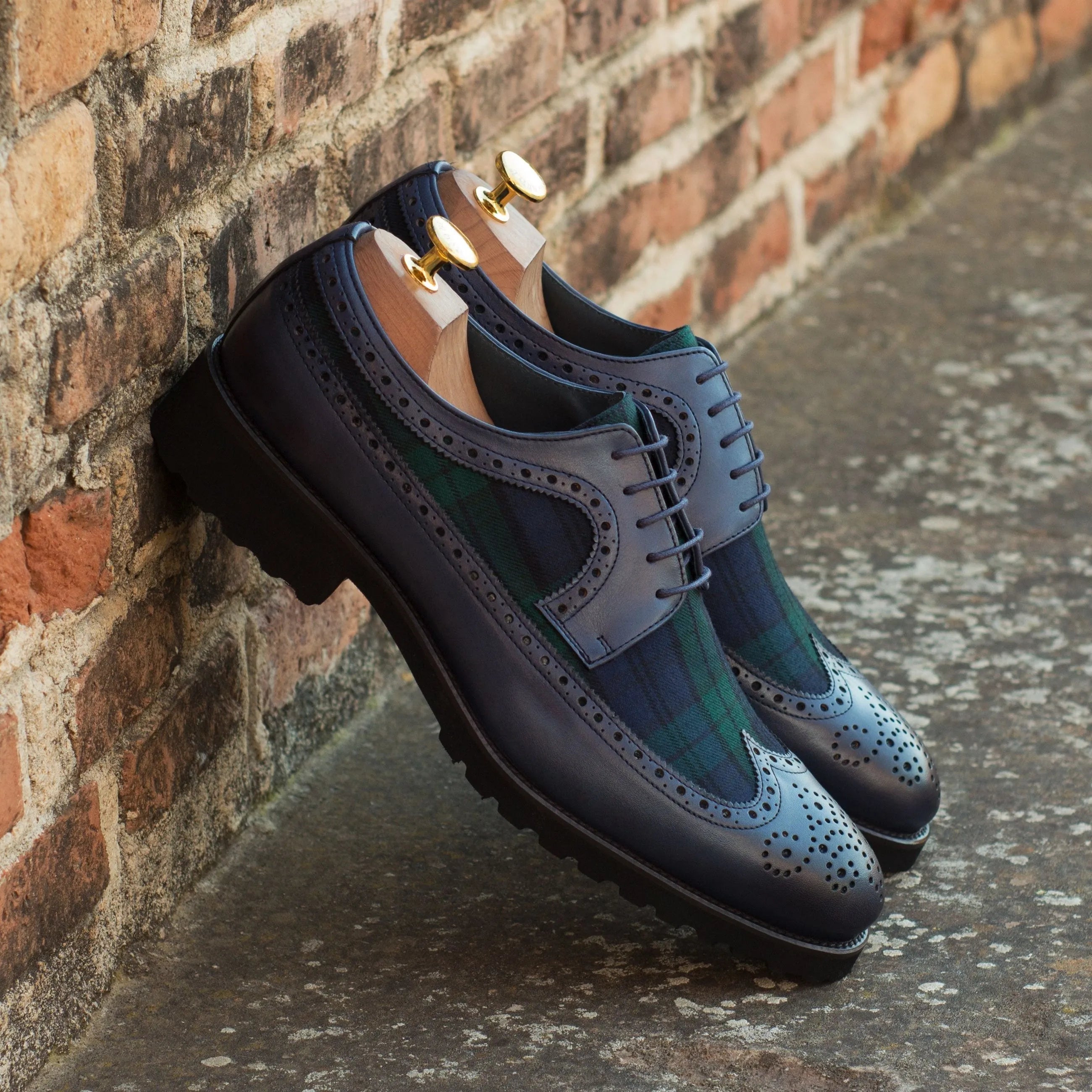 Blue and green plaid Nakoda Longwing Blucher wingtip shoes for stylish footwear