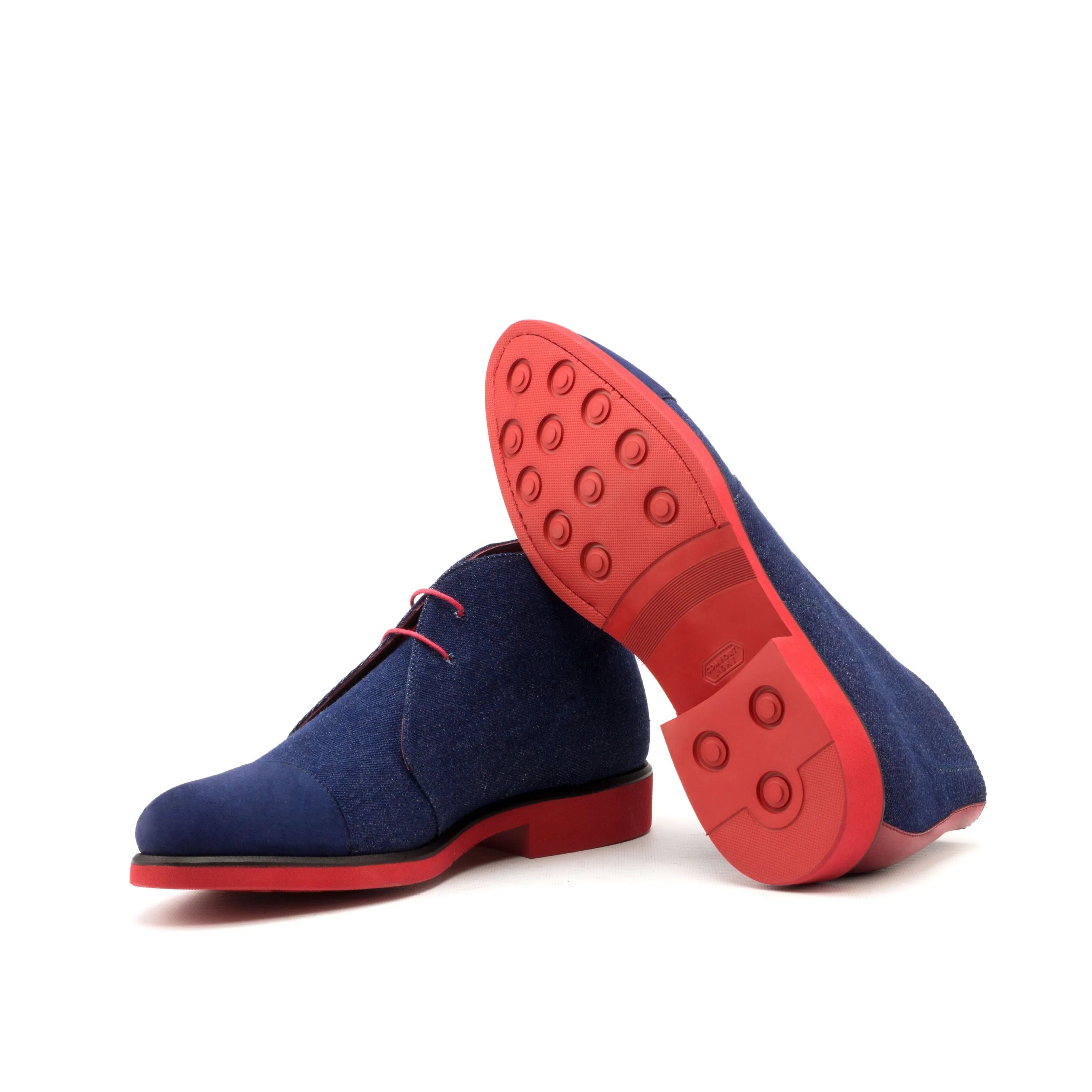Blue suede Narek Chukkas featuring distinctive red soles, perfect chukka boots for style
