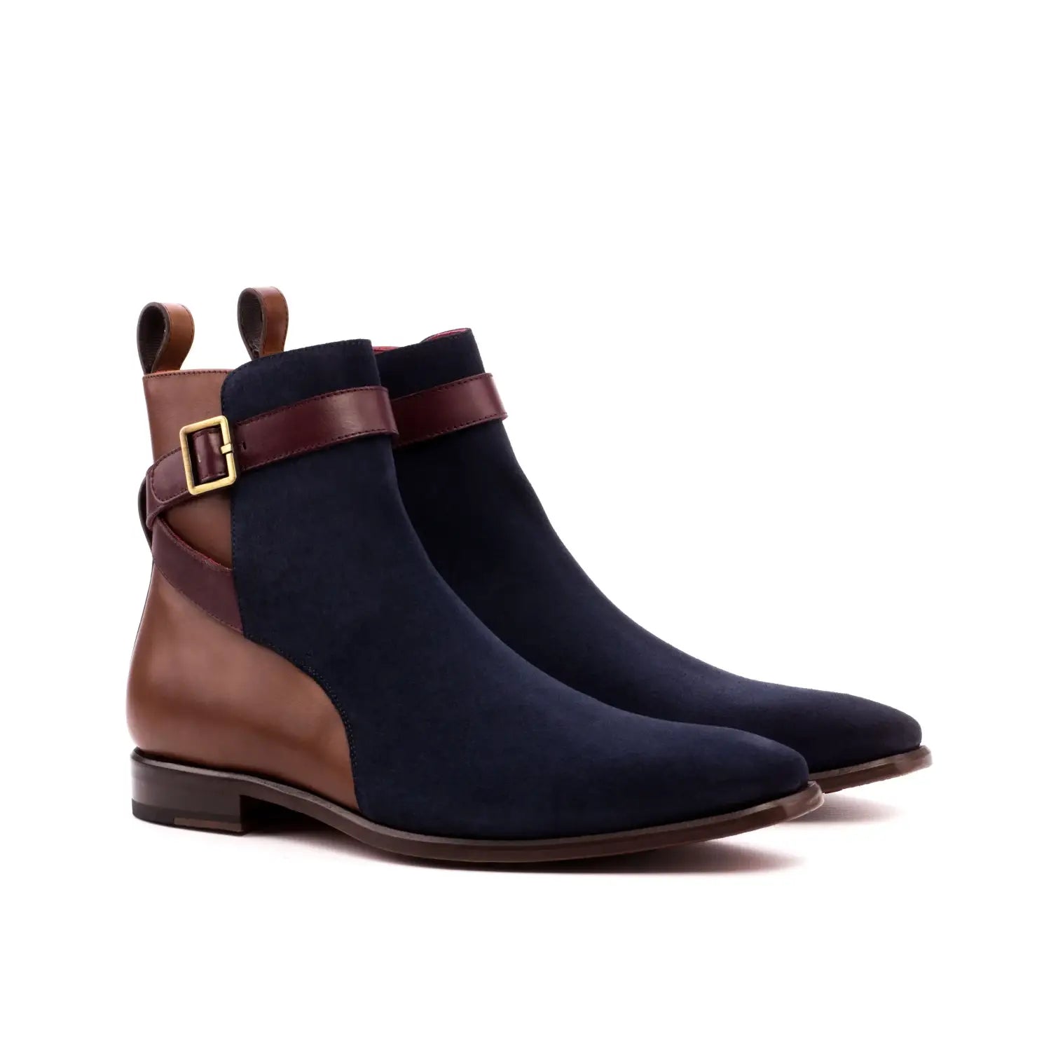 Navy blue and brown suede chelsea boots with gold-tone buckle strap in handmade shoes article