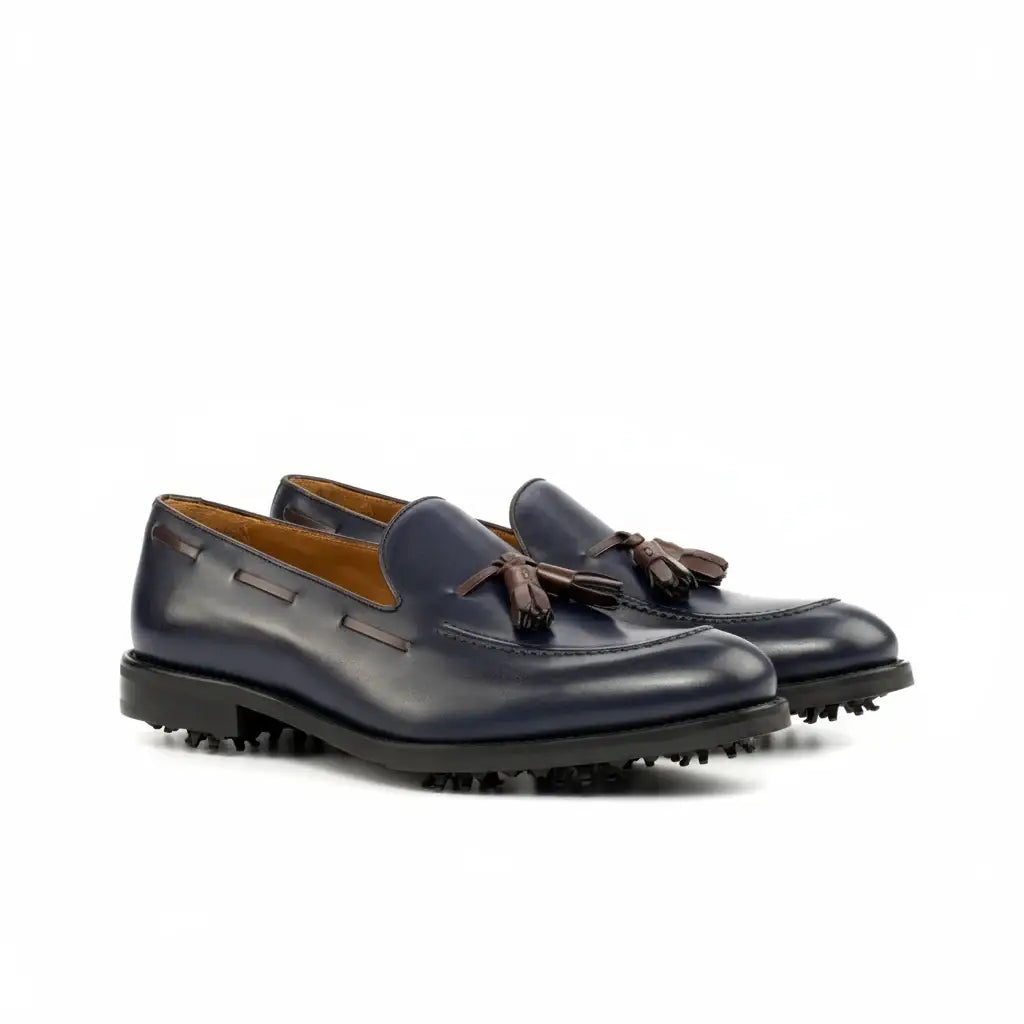 Navy blue leather tassel loafer with textured sole in custom made shoes