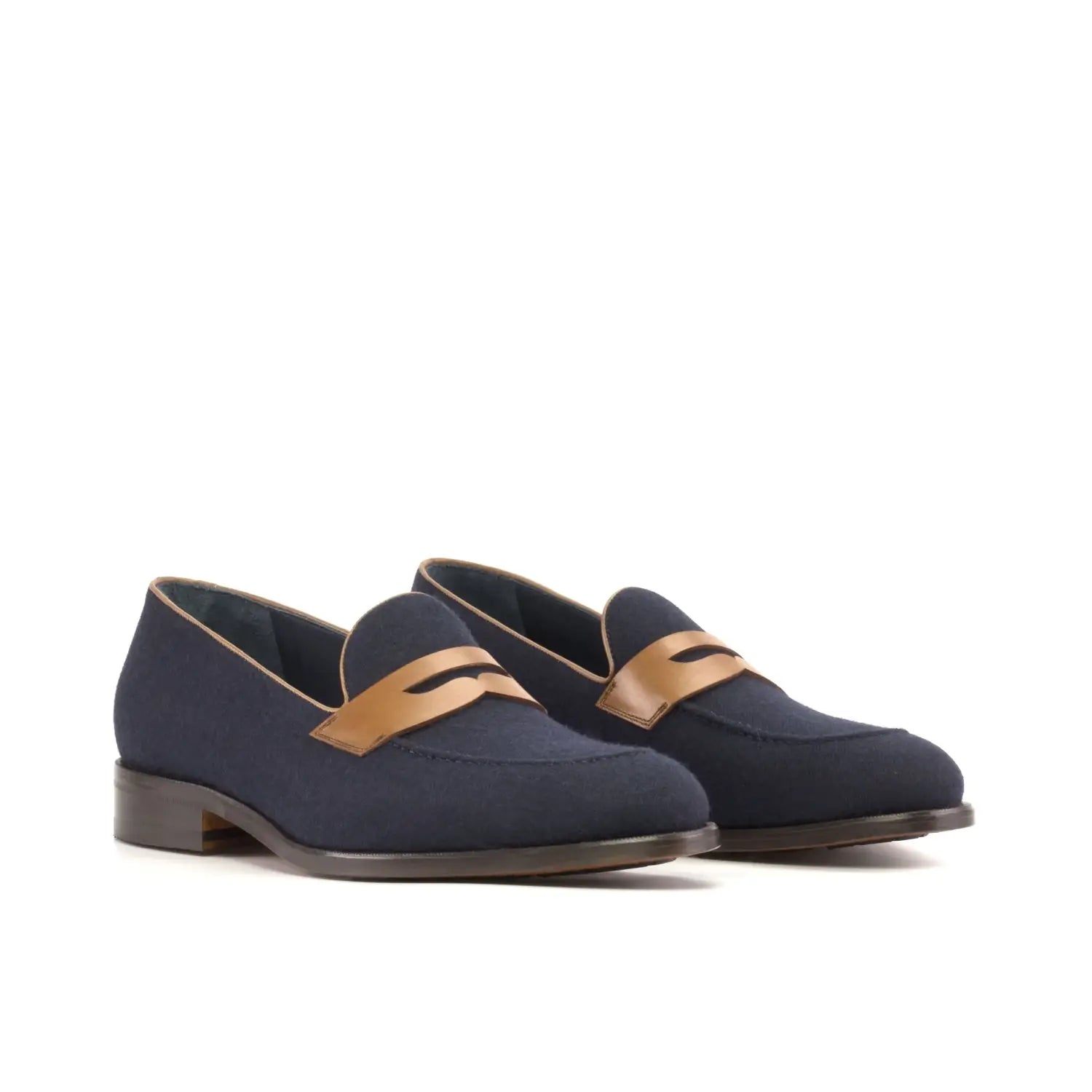 Navy blue suede jorgo double monk loafers with tan accents and low heel