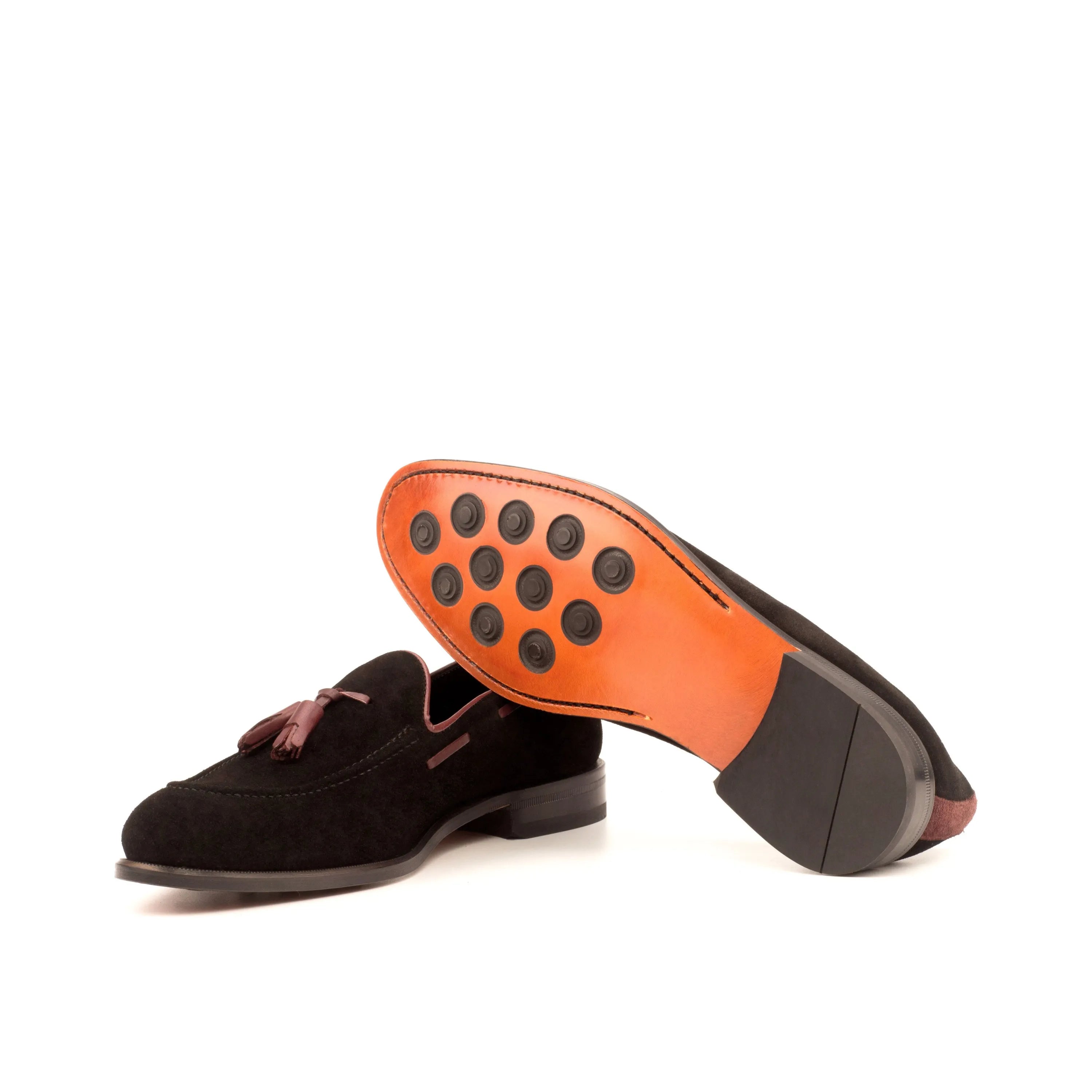 Black suede tassel loafers from Nonda Loafers, luxury bespoke shoes for men