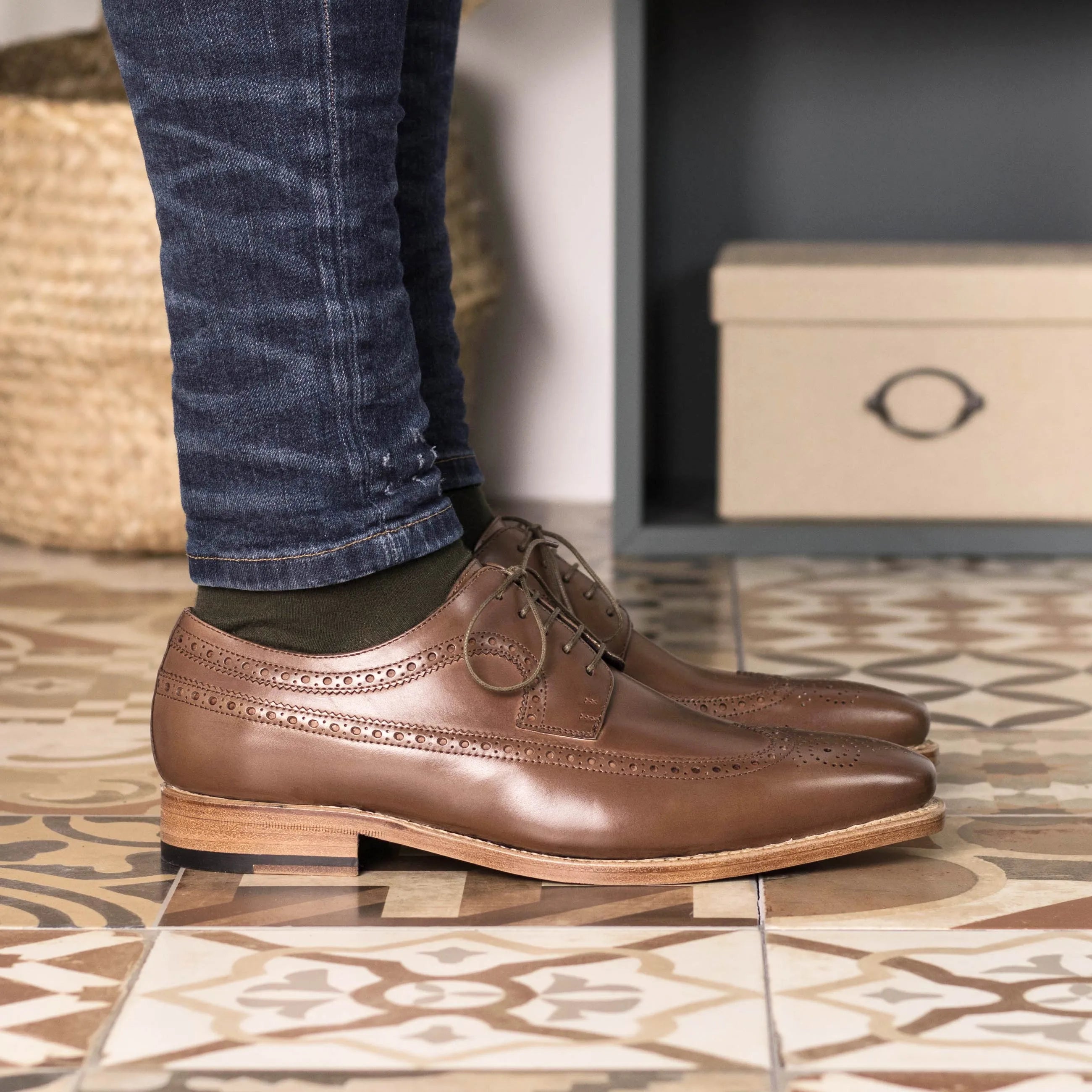 Brown leather Norman Longwing Blucher shoes showcasing elegant wingtip design