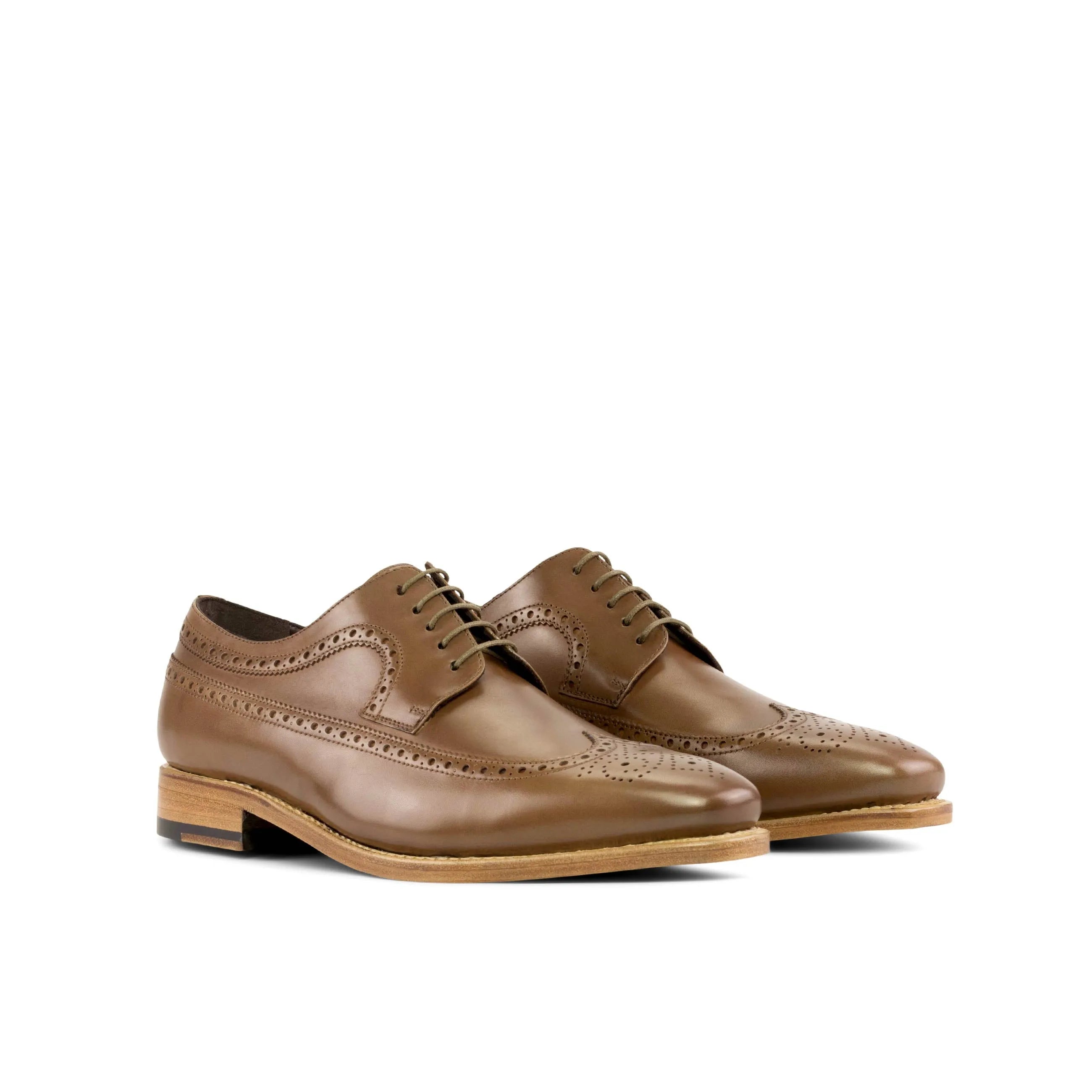 Pair of brown leather Norman Longwing Blucher long wingtip shoes for formal occasions