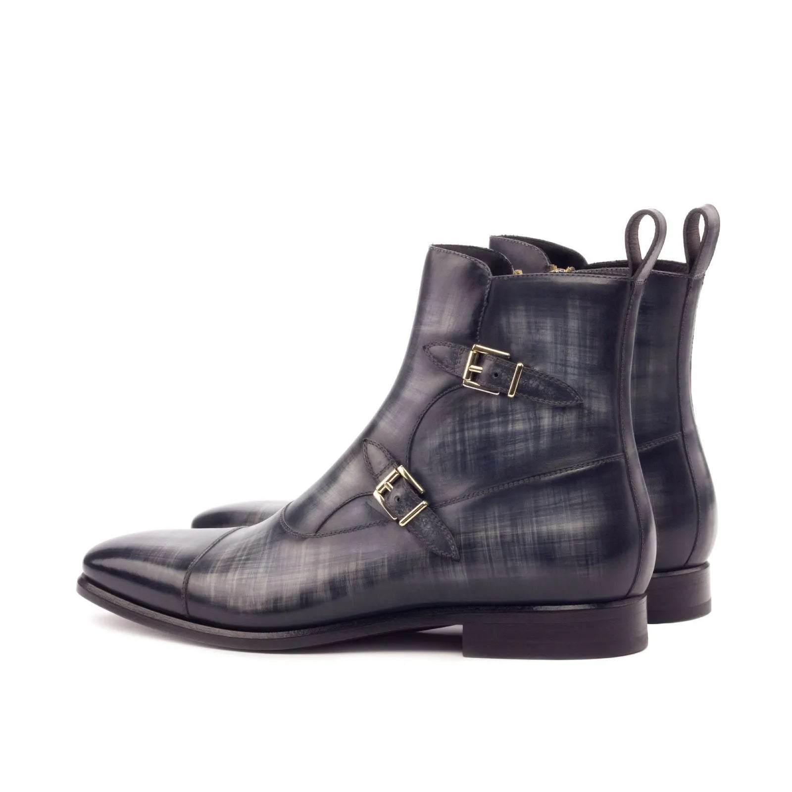 Dark leather double monk strap boots featured in North Octavian Patina collection