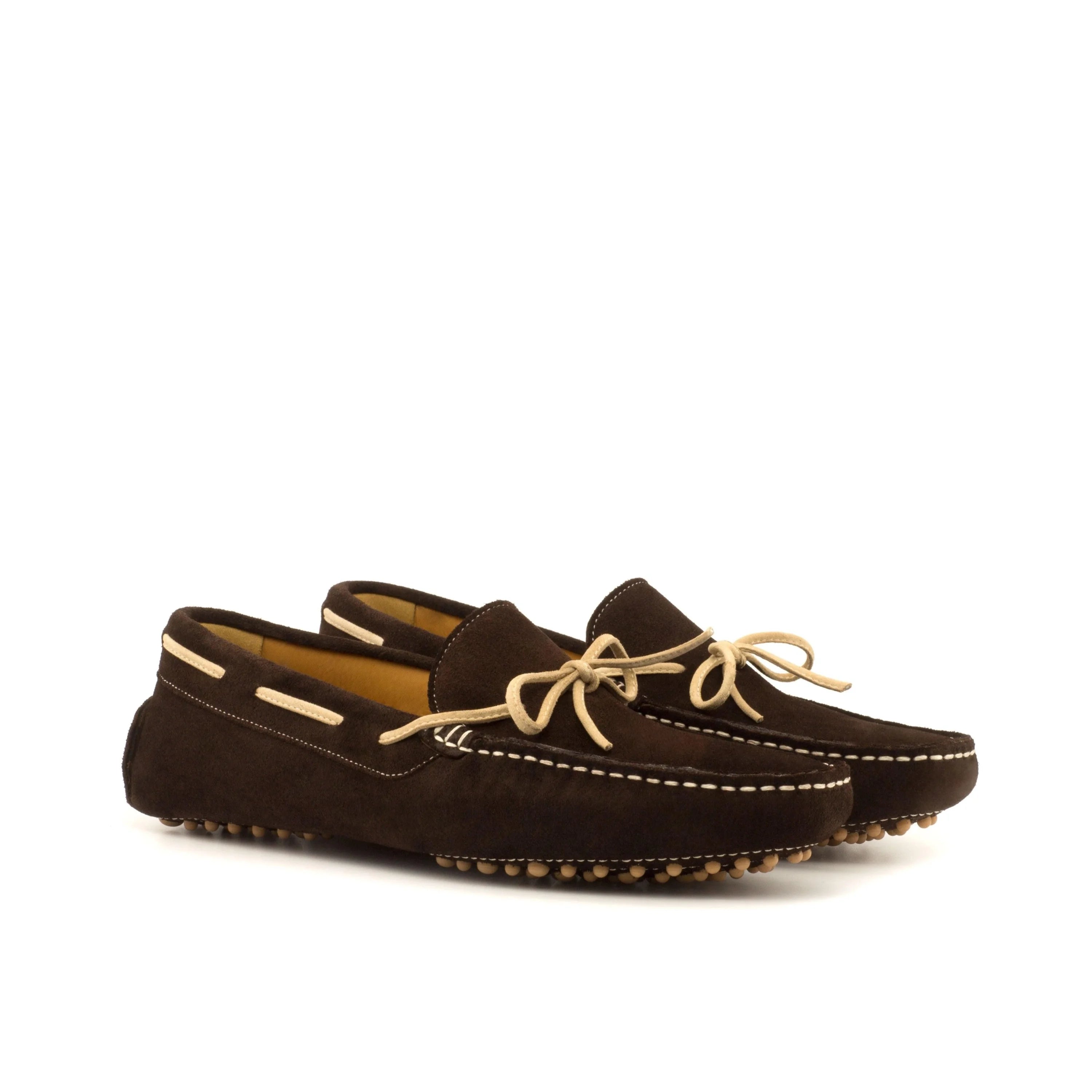 Brown suede NY Driver II moccasin with white stitching and tan laces