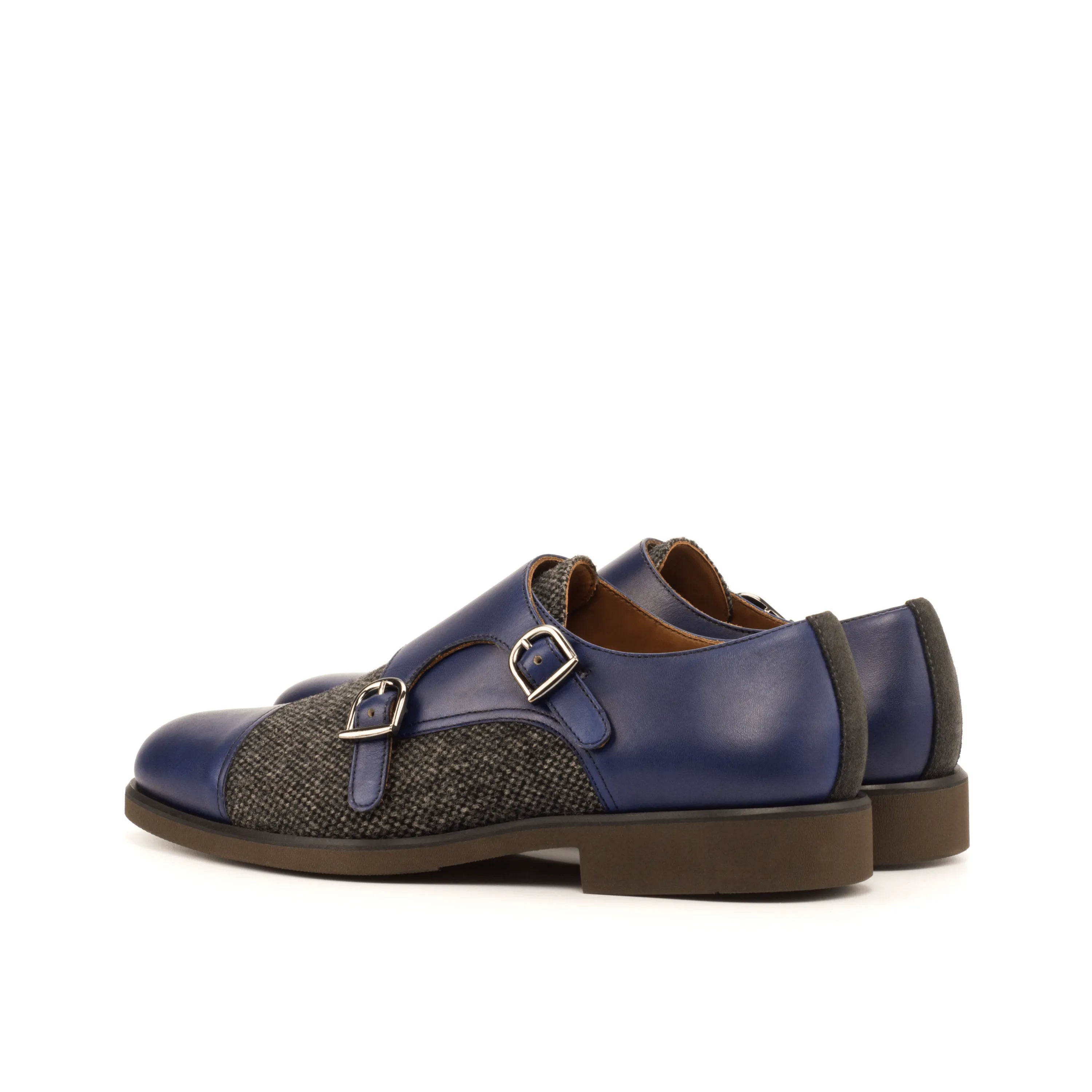 Pair of NYC Double Monk shoes in blue leather and tweed with double monk patina