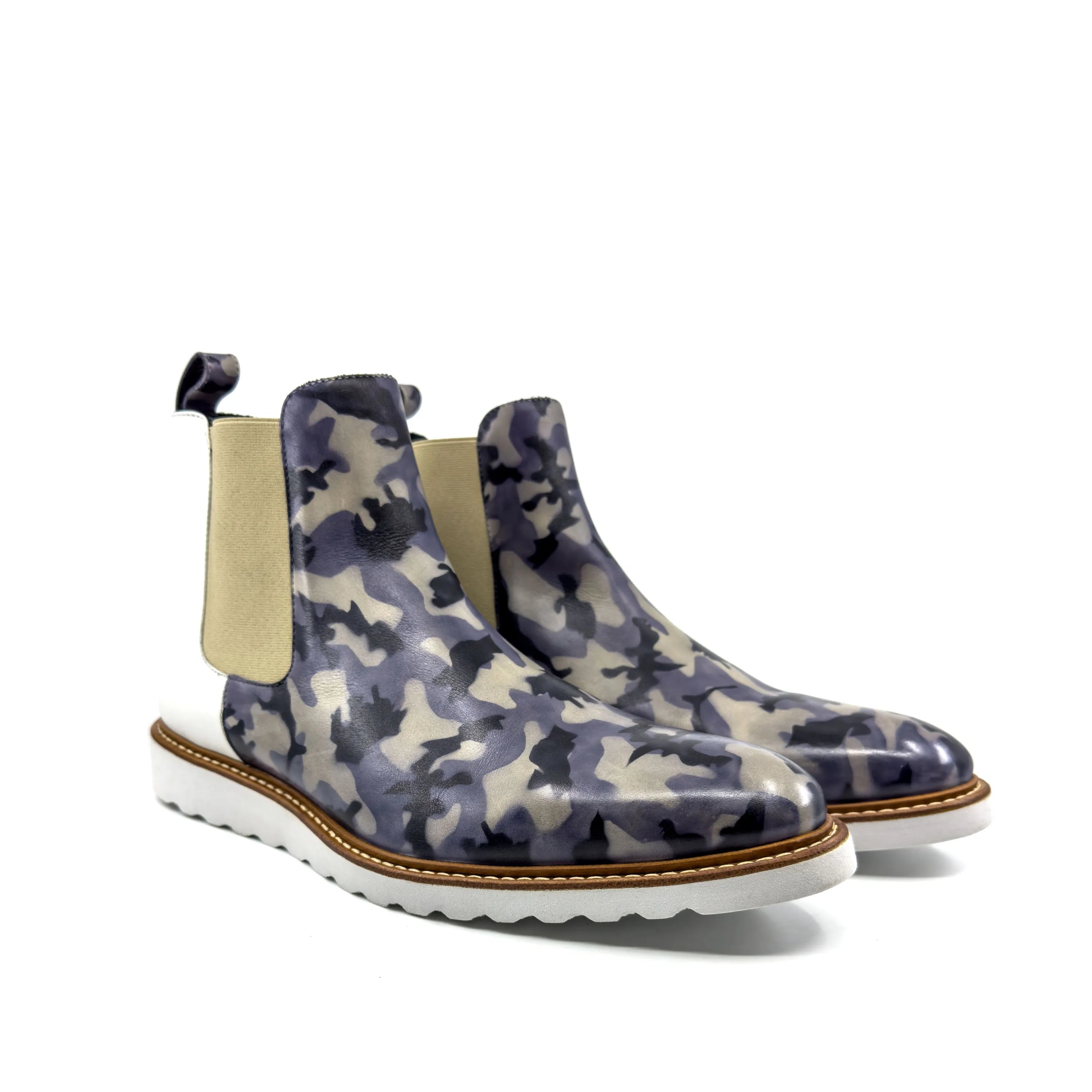 Camouflage Chelsea Patina Boots by Olivar showcasing stylish versatility and comfort