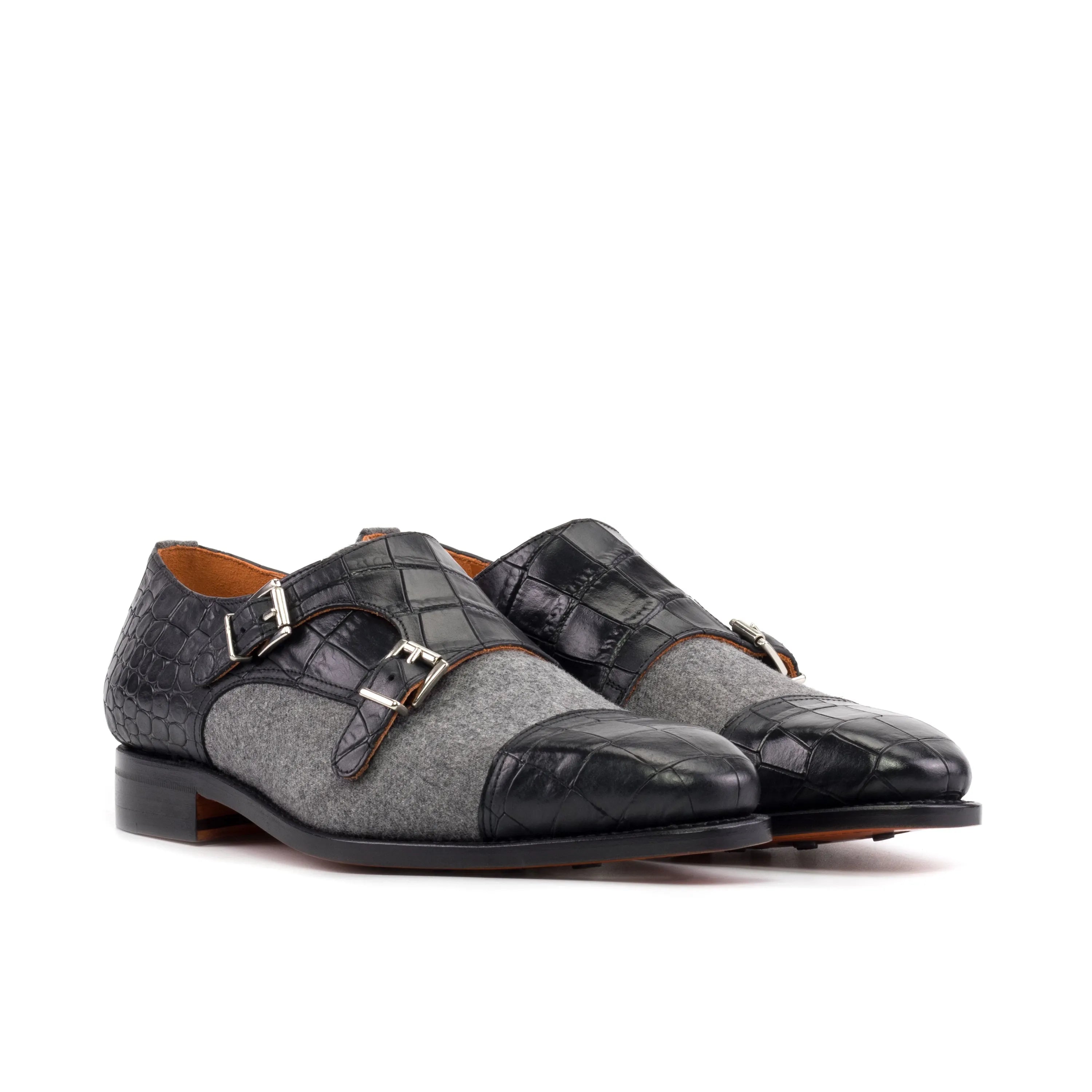 Gray and black leather Oro Double Monk shoes showcasing elegant double monk strap design