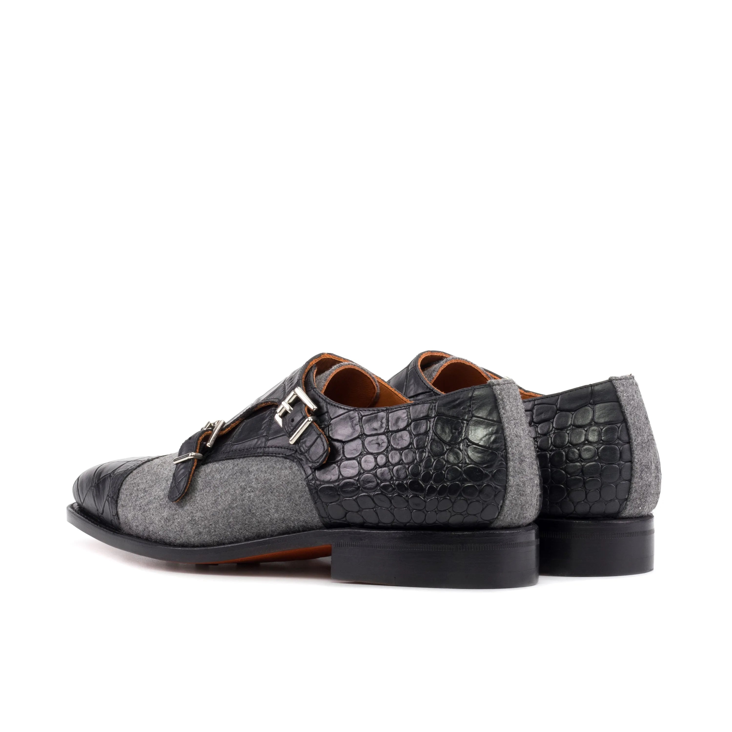 Men’s gray and black leather Oro Double Monk shoes with double monk strap design