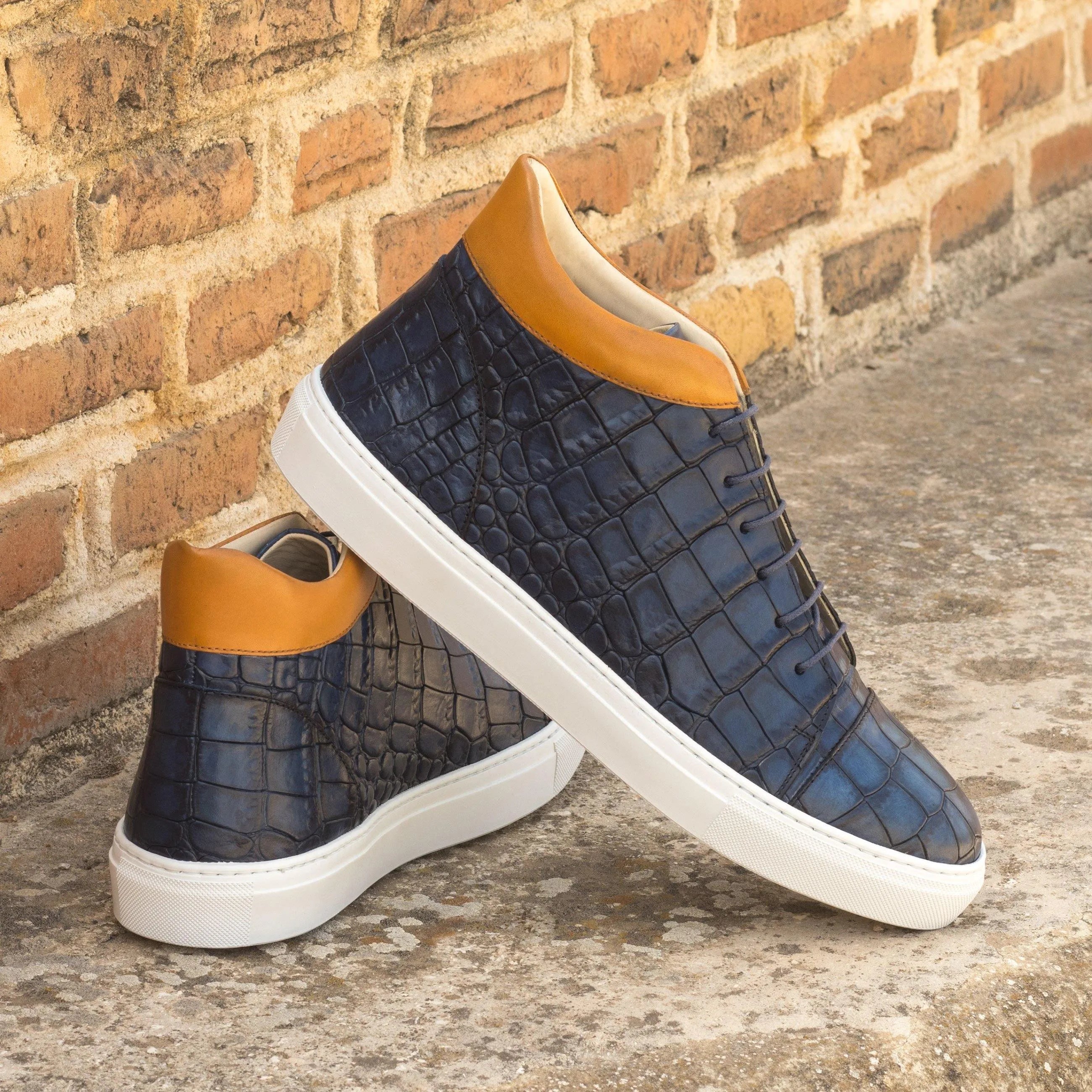 Blue crocodile-patterned leather P81 High Kicks Sneakers for stylish footwear enthusiasts