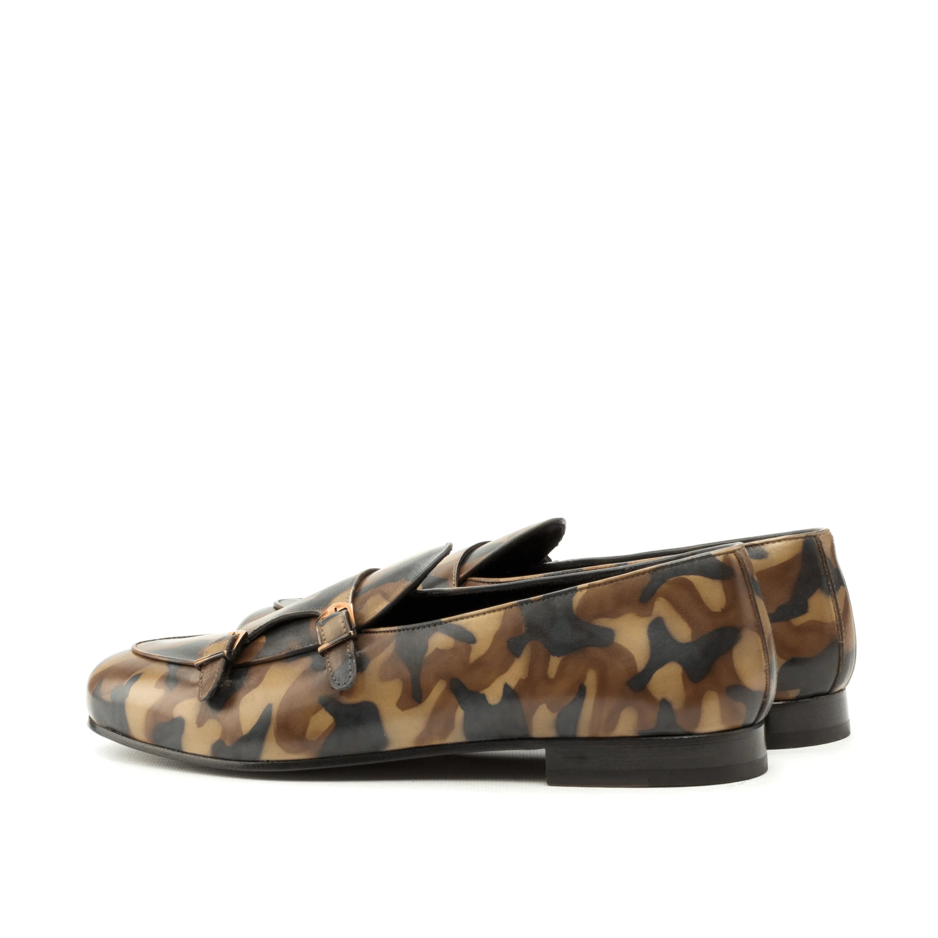 Camouflage leather loafers in Pelagios Belgian Patina Monk Slipper design