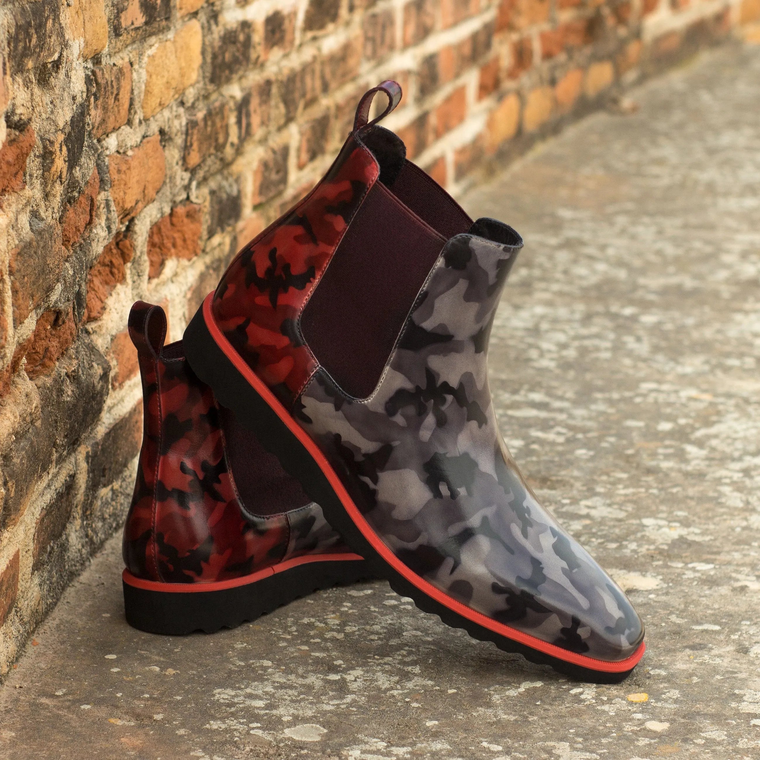 Camouflage Chelsea rain boots, featuring the stylish Perez Camo Patina design