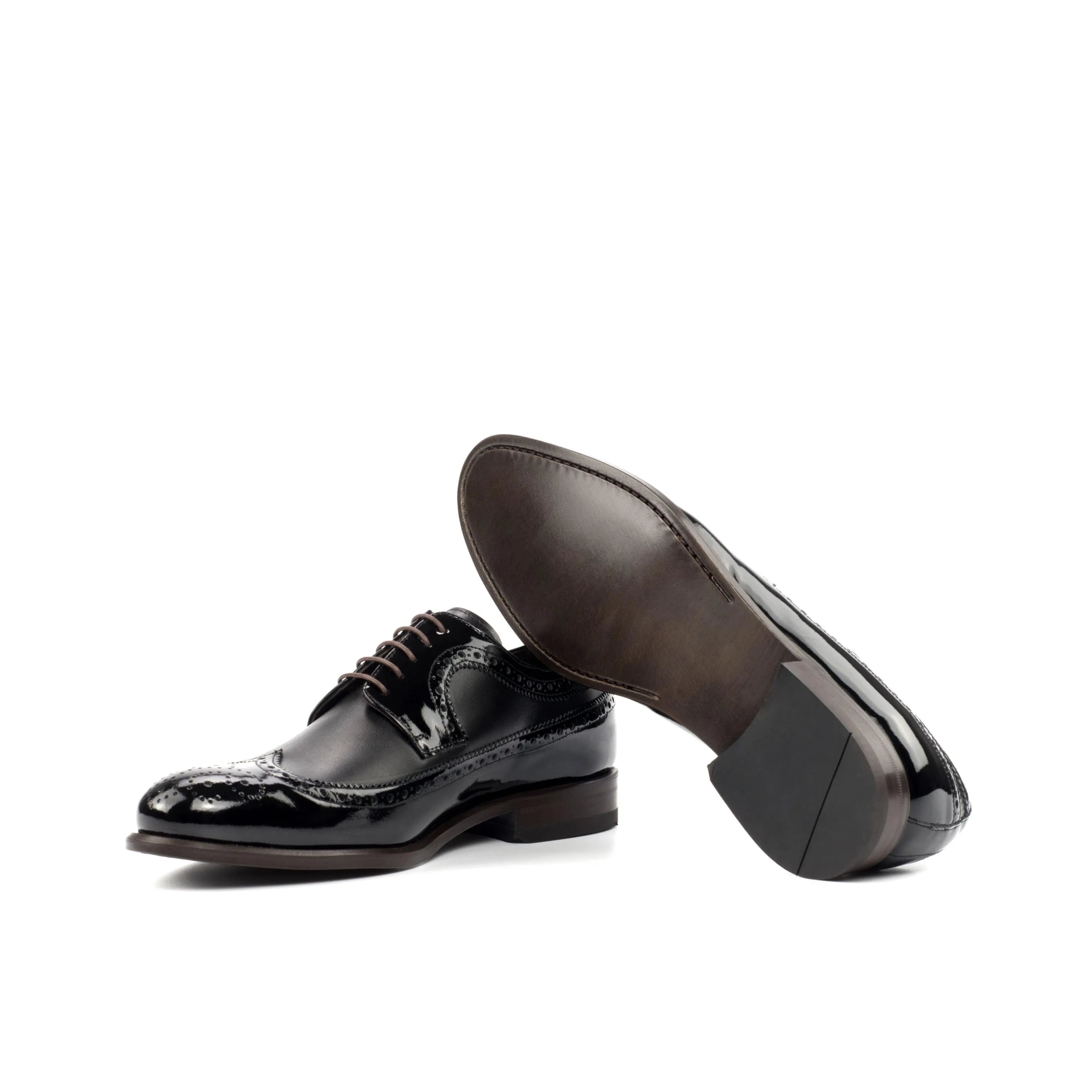 Pair of shiny black dress shoes from the Peter Longwing Blucher collection