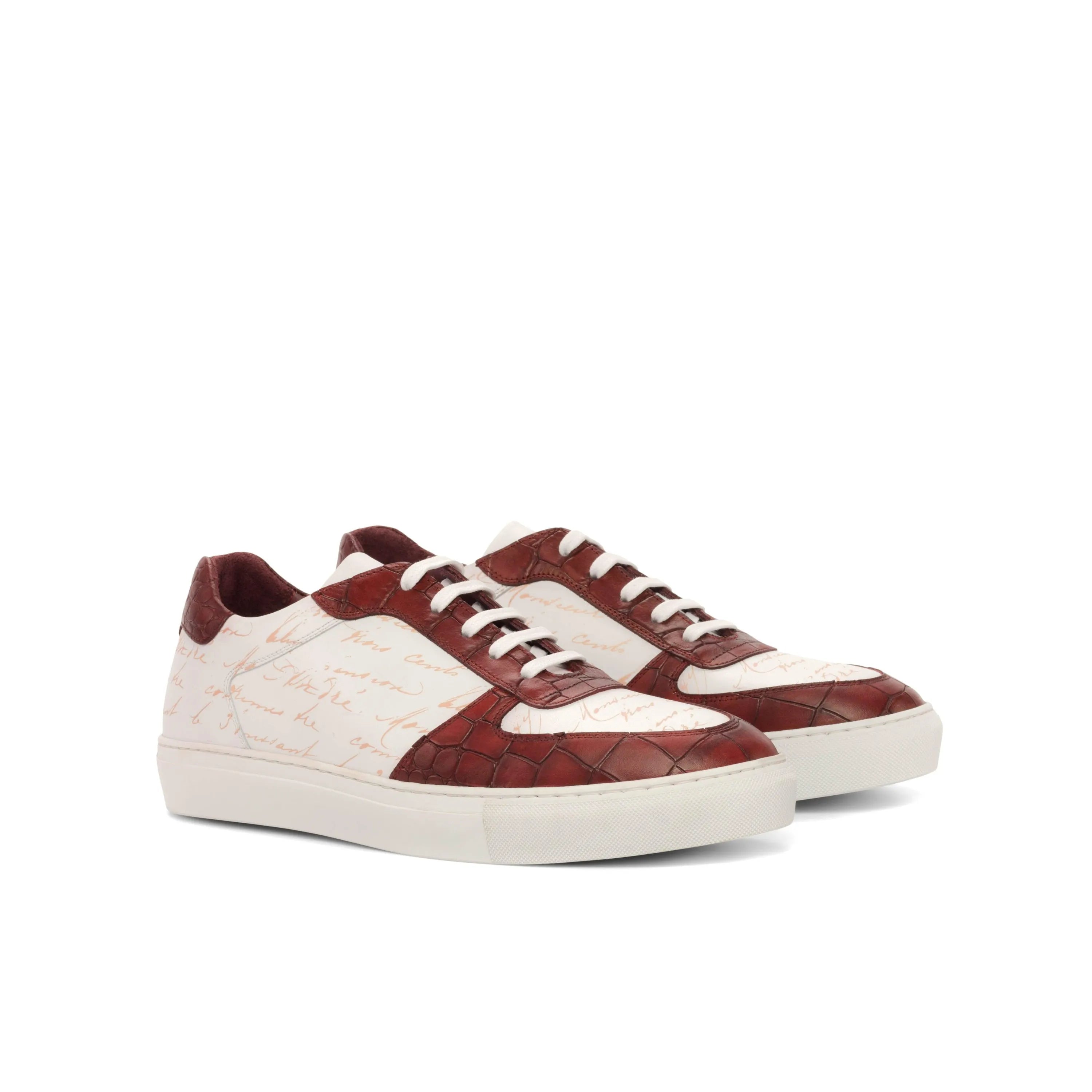Burgundy and white leather Philosopher Low Top Sneakers, luxury bespoke shoes for men