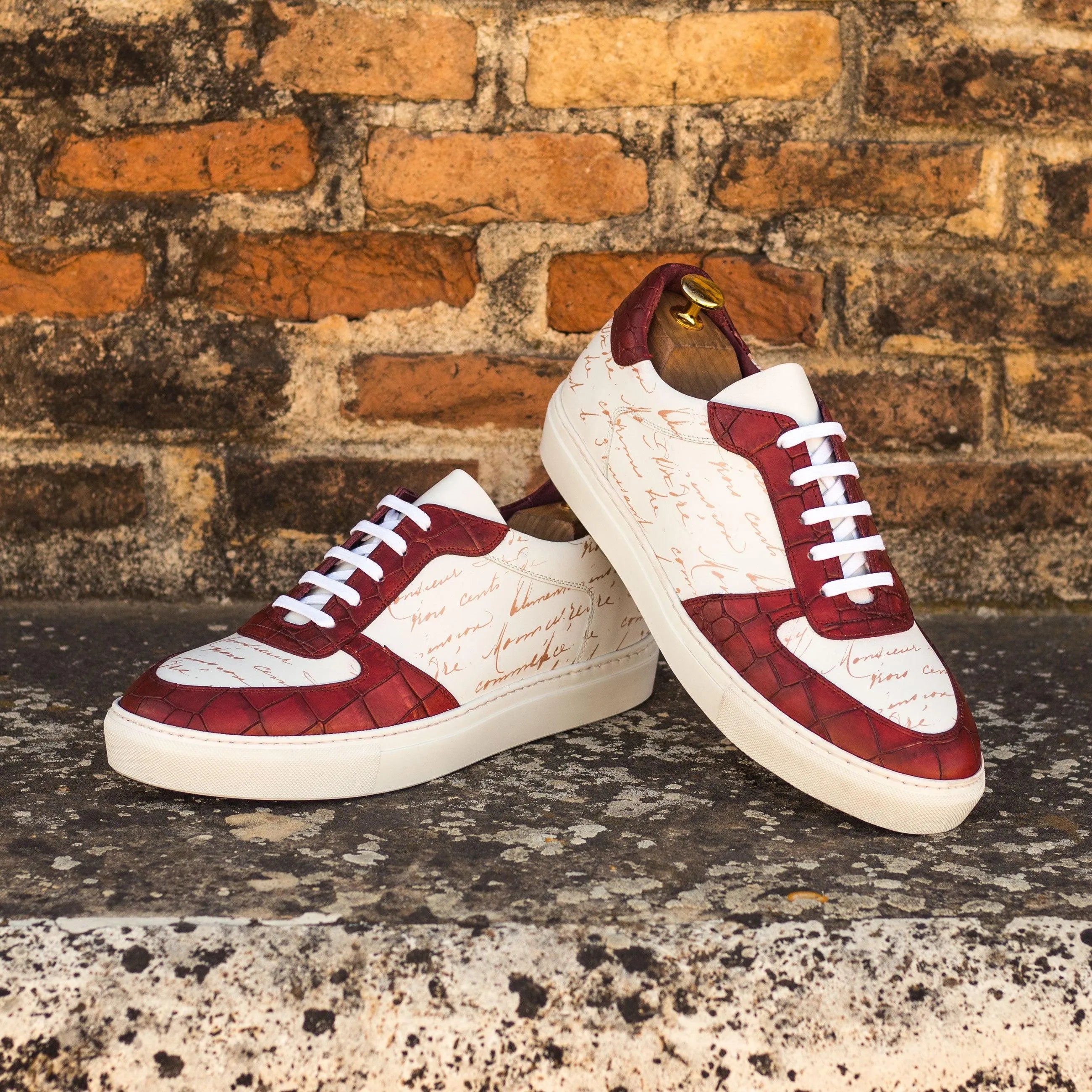 Burgundy and white leather Philosopher Low Top Sneakers, luxury bespoke shoes for men