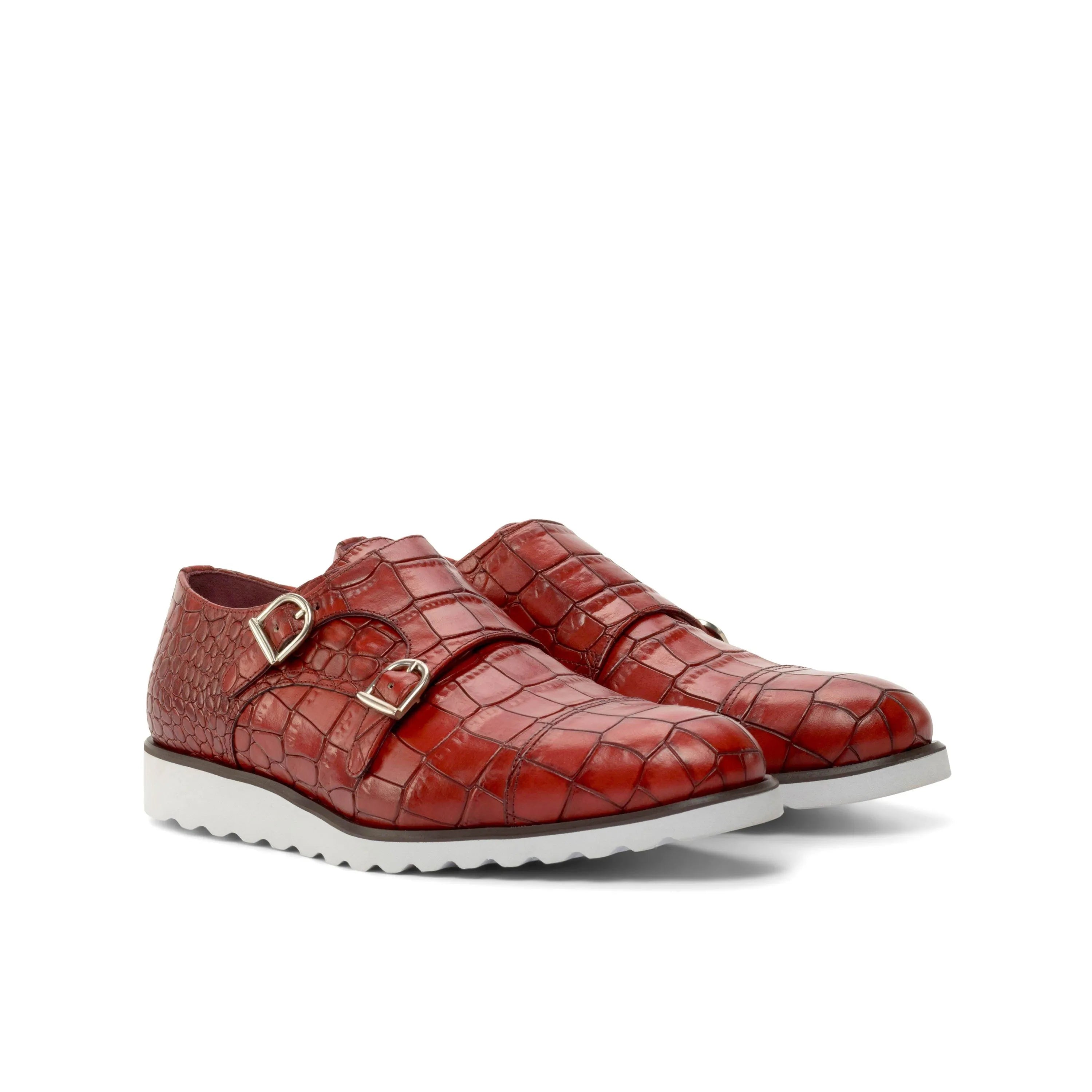 Red crocodile-patterned Poaulo Double Monk Shoes showcasing elegant monk shoes style