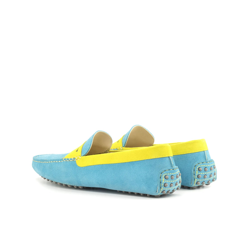 Blue and yellow Polaris Driver driving shoes, a luxury bespoke option for executives