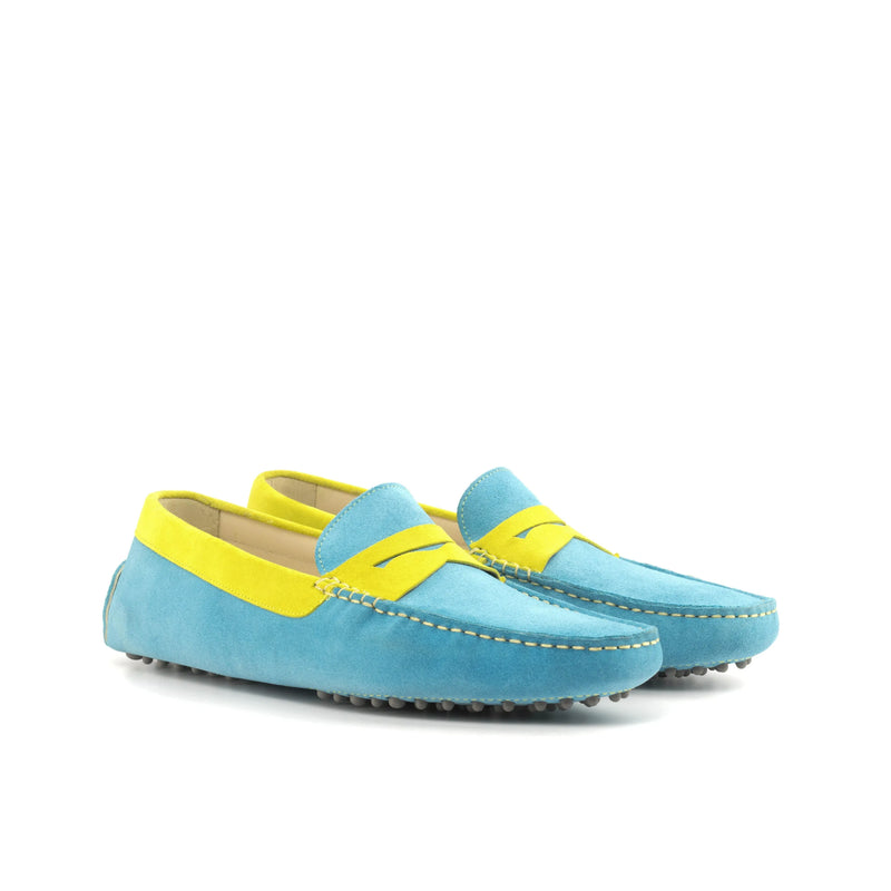 Blue and yellow leather loafers from Polaris Driver, luxury bespoke shoes for men