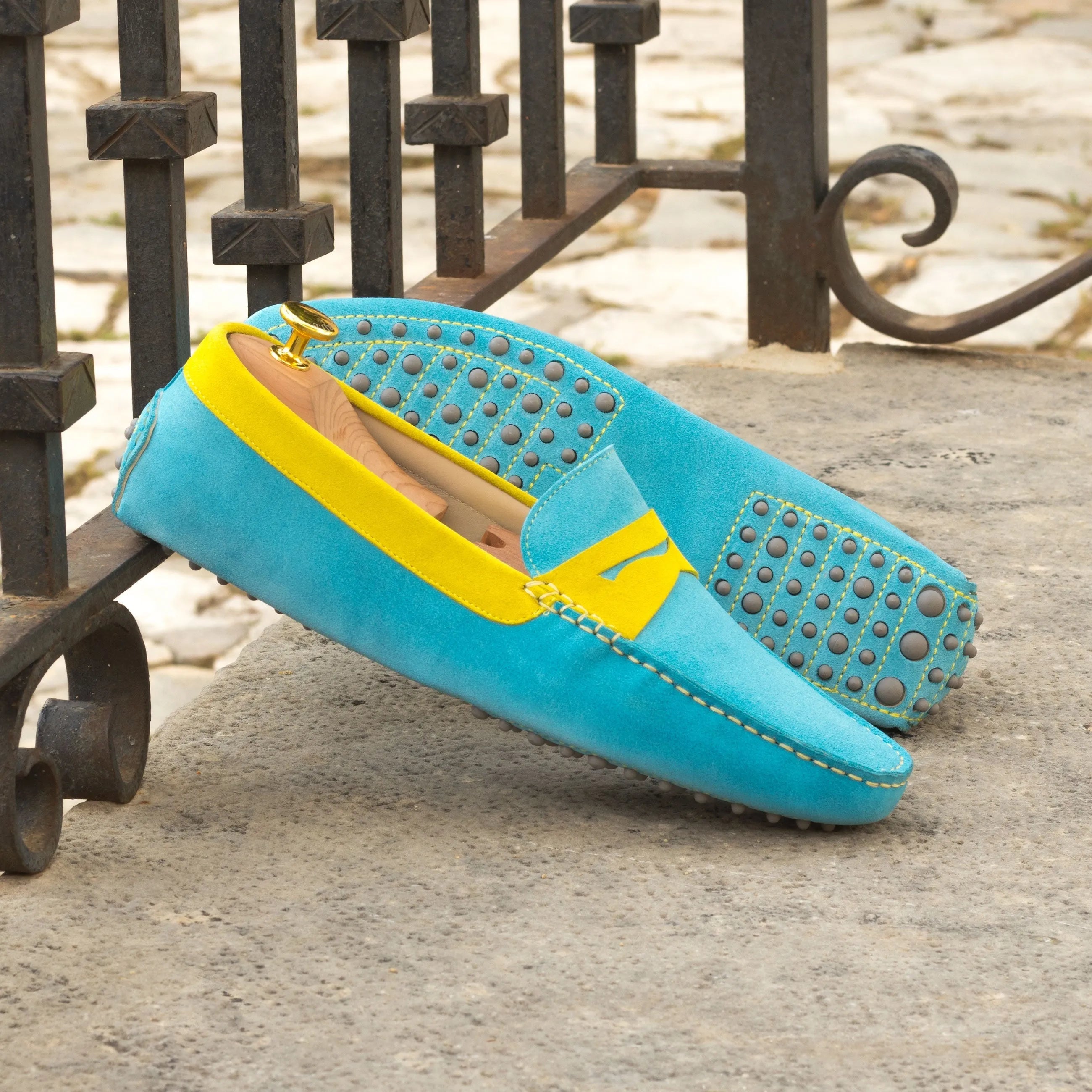 Turquoise and yellow suede driving loafers, Polaris Driver luxury bespoke shoes for men